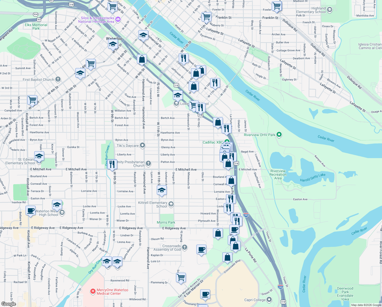 map of restaurants, bars, coffee shops, grocery stores, and more near 1705 Liberty Ave in Waterloo