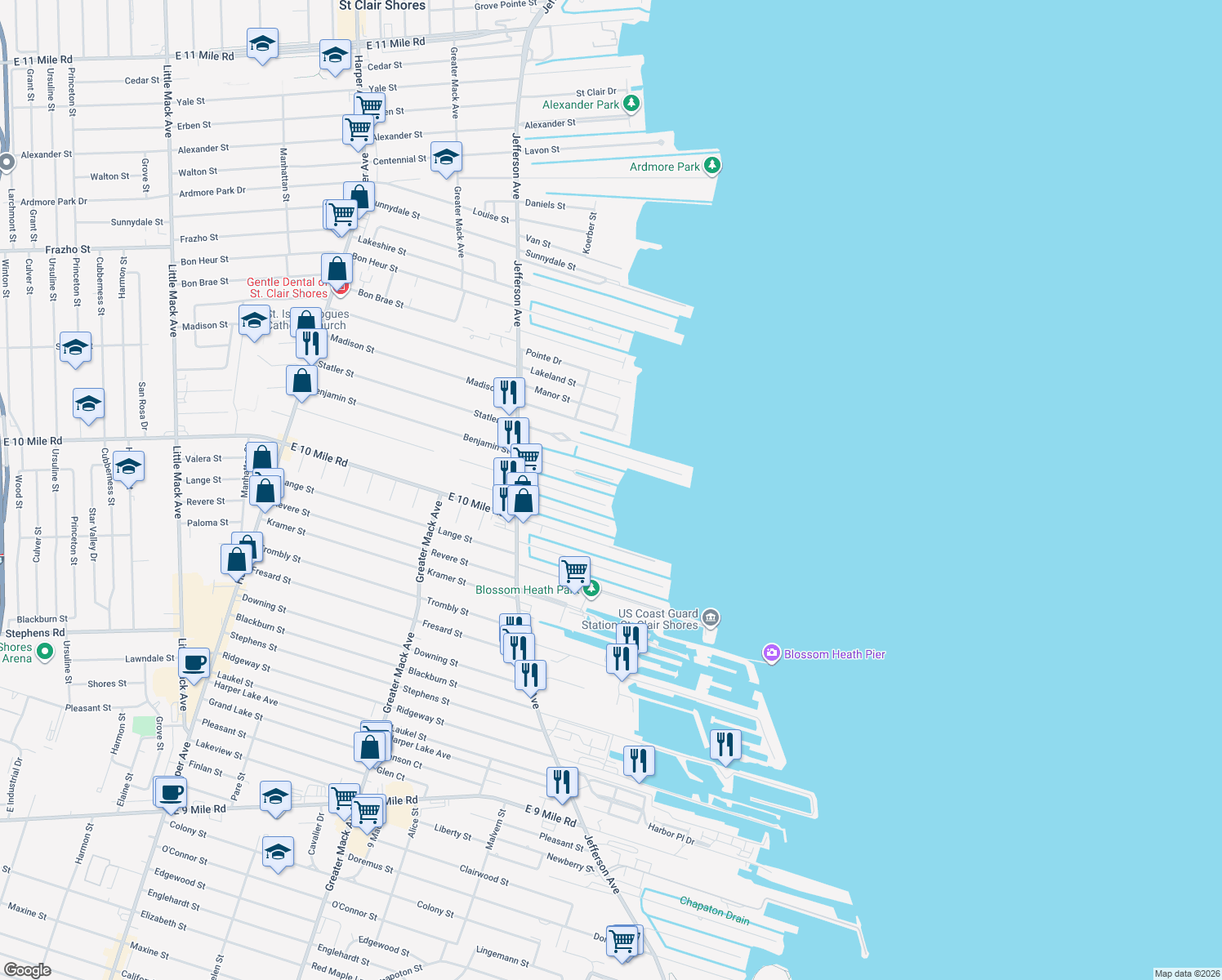 map of restaurants, bars, coffee shops, grocery stores, and more near 22542 Benjamin St in St Clair Shores