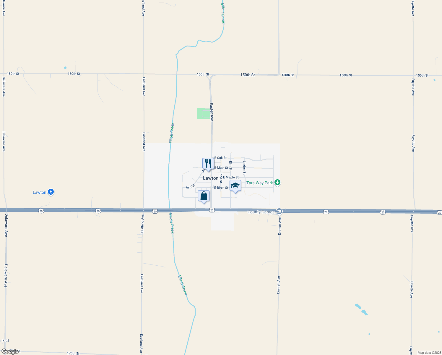 map of restaurants, bars, coffee shops, grocery stores, and more near Pine Street in Lawton