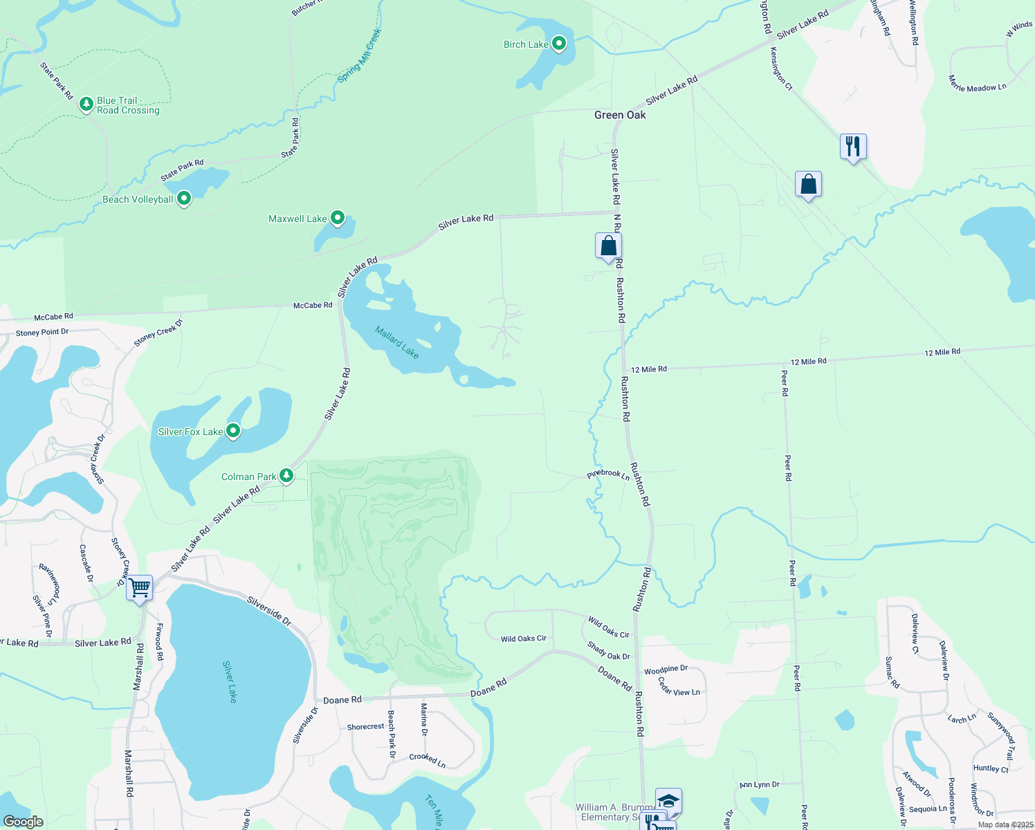 map of restaurants, bars, coffee shops, grocery stores, and more near 12030 Pinebrook Lane in South Lyon