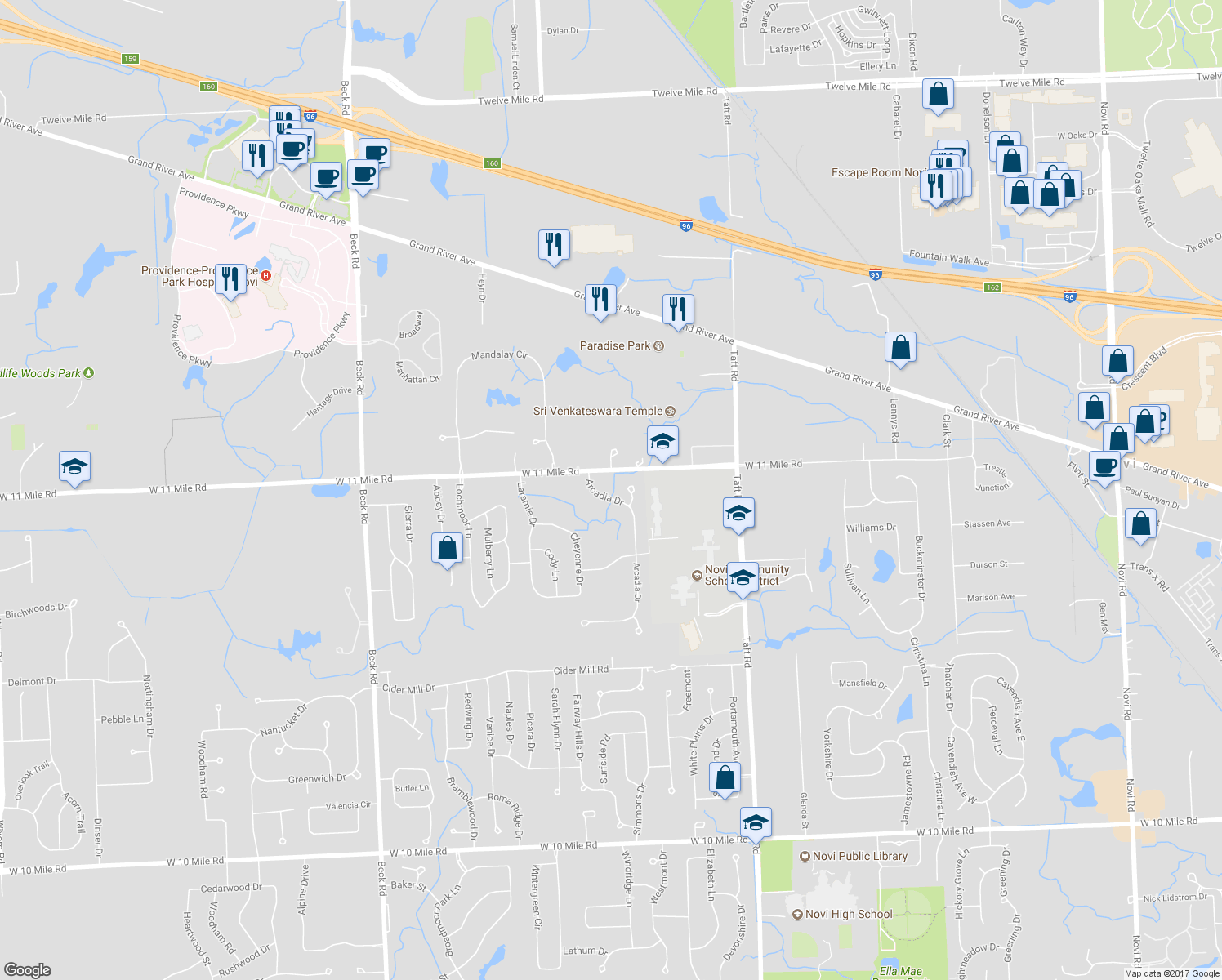 map of restaurants, bars, coffee shops, grocery stores, and more near 25922 Arcadia Drive in Novi