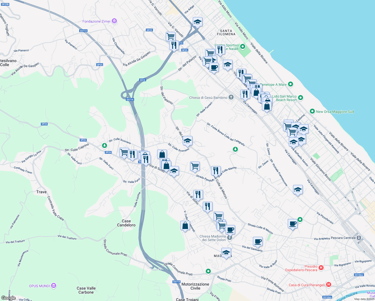 map of restaurants, bars, coffee shops, grocery stores, and more near in Province of Pescara