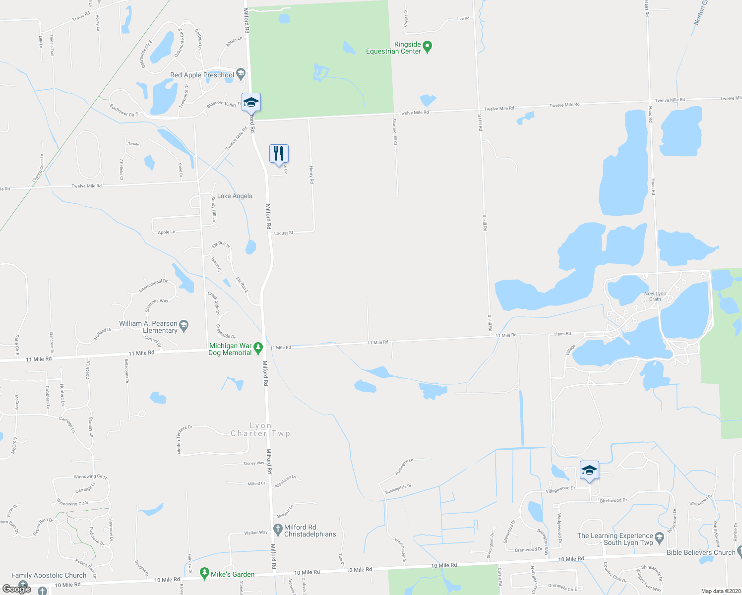 map of restaurants, bars, coffee shops, grocery stores, and more near 56078 11 Mile Road in Lyon Charter Township