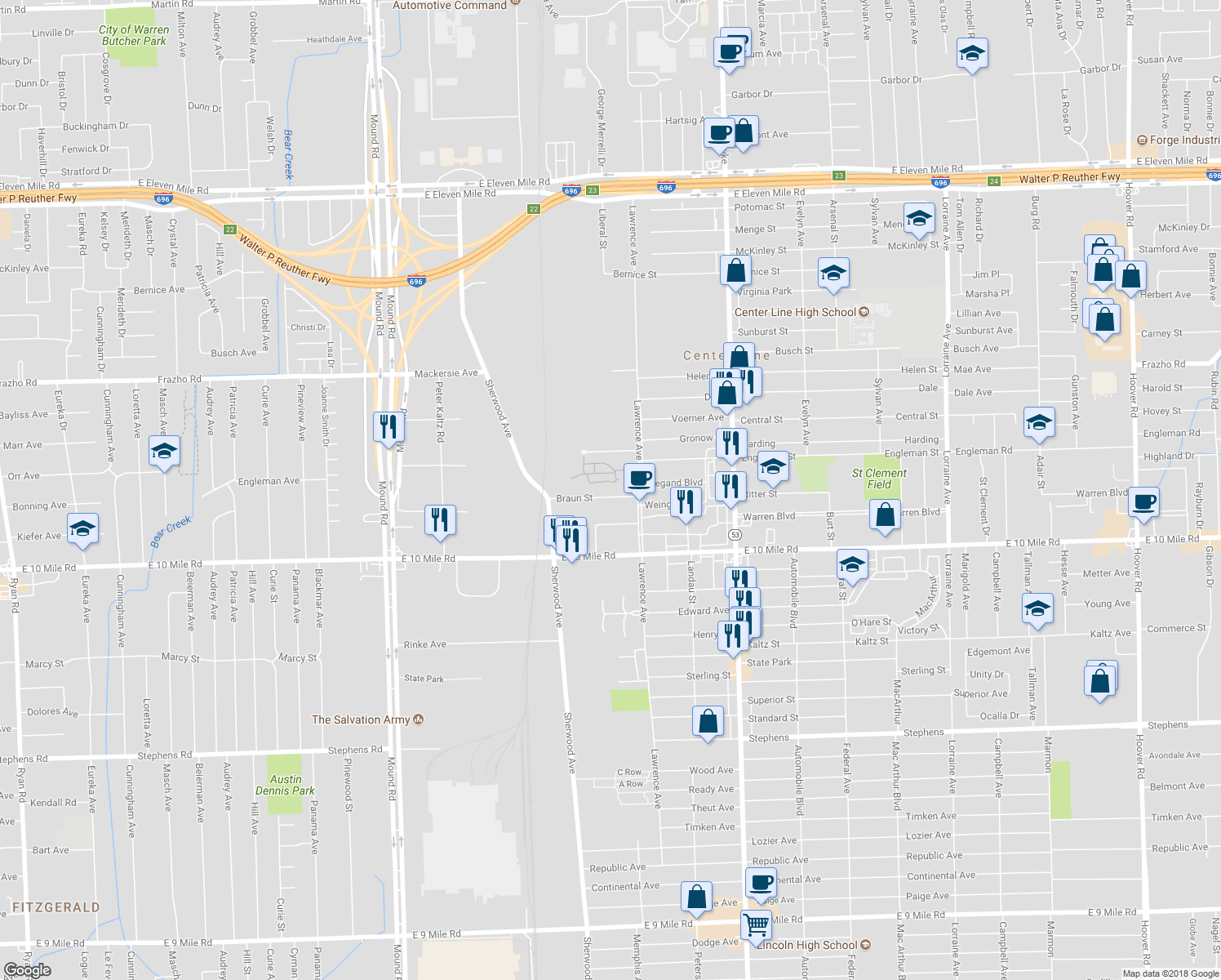 map of restaurants, bars, coffee shops, grocery stores, and more near 6861 Braun in Center Line