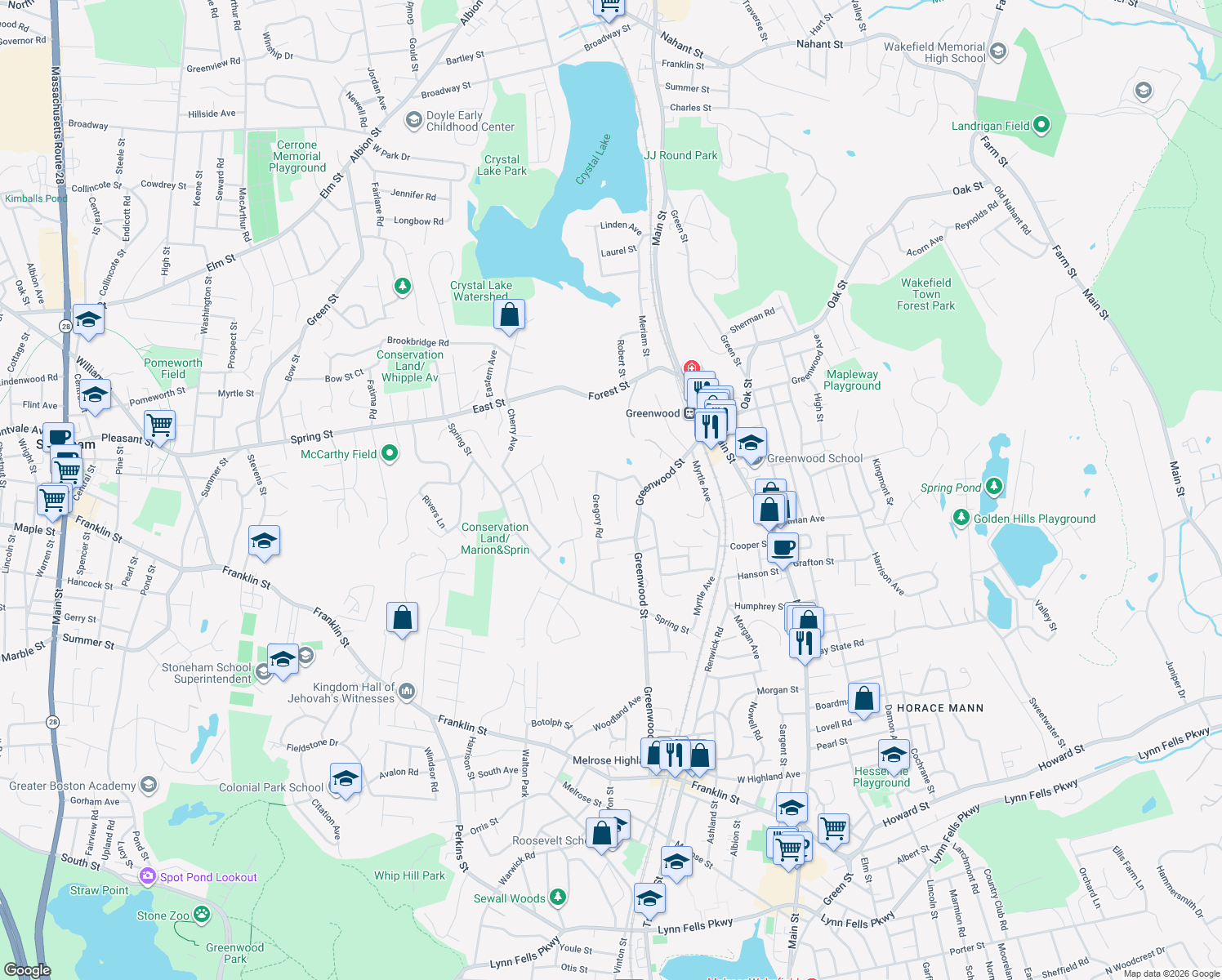 map of restaurants, bars, coffee shops, grocery stores, and more near 3 Arthur Road in Wakefield