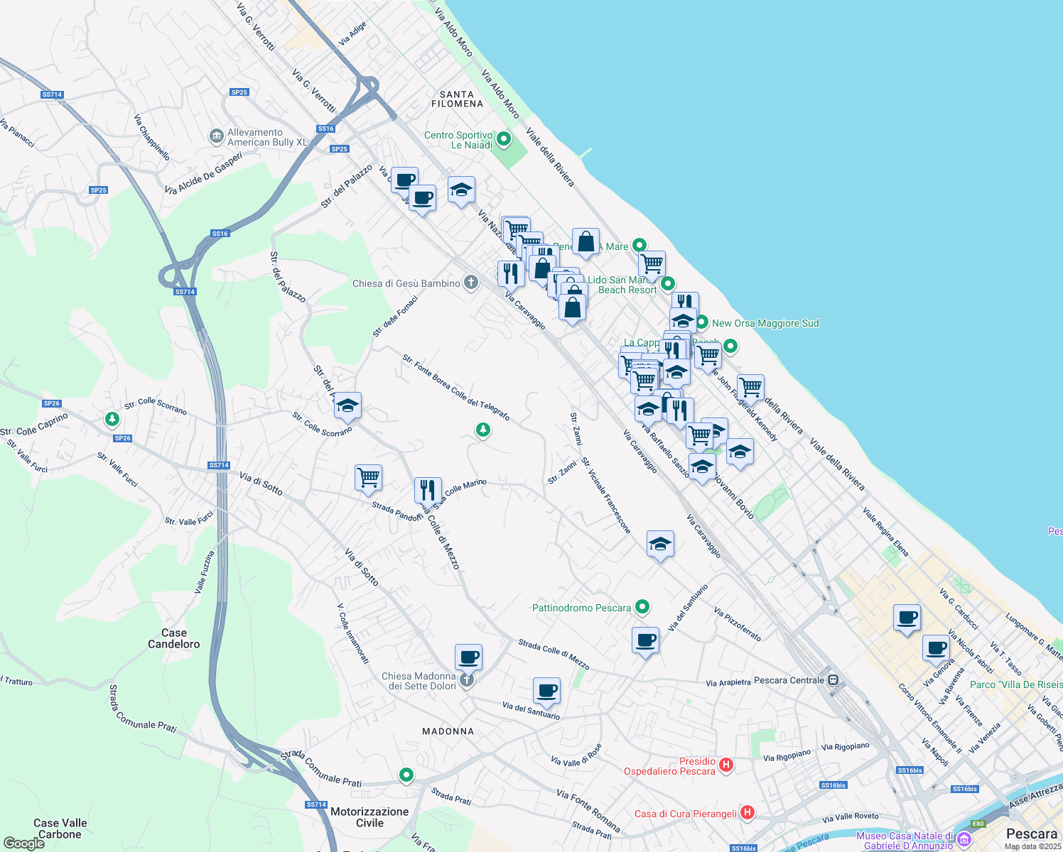 map of restaurants, bars, coffee shops, grocery stores, and more near 8 Strada Fonte Borea Colle del Telegrafo in Pescara