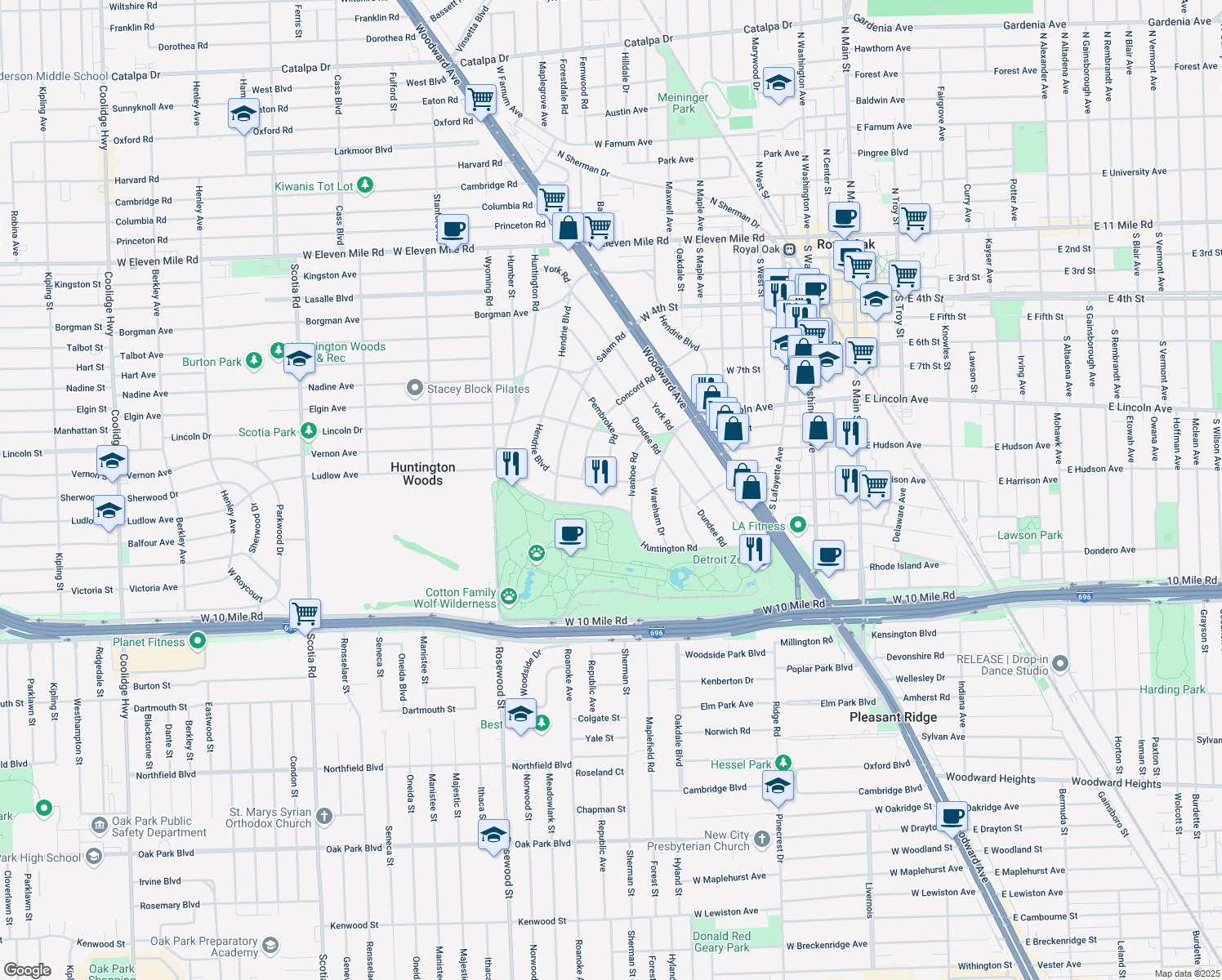 map of restaurants, bars, coffee shops, grocery stores, and more near 8259 Hendrie Blvd in Huntington Woods