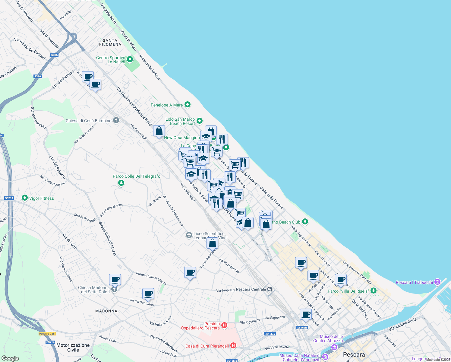 map of restaurants, bars, coffee shops, grocery stores, and more near 109 Via Vittorio Veneto in Pescara