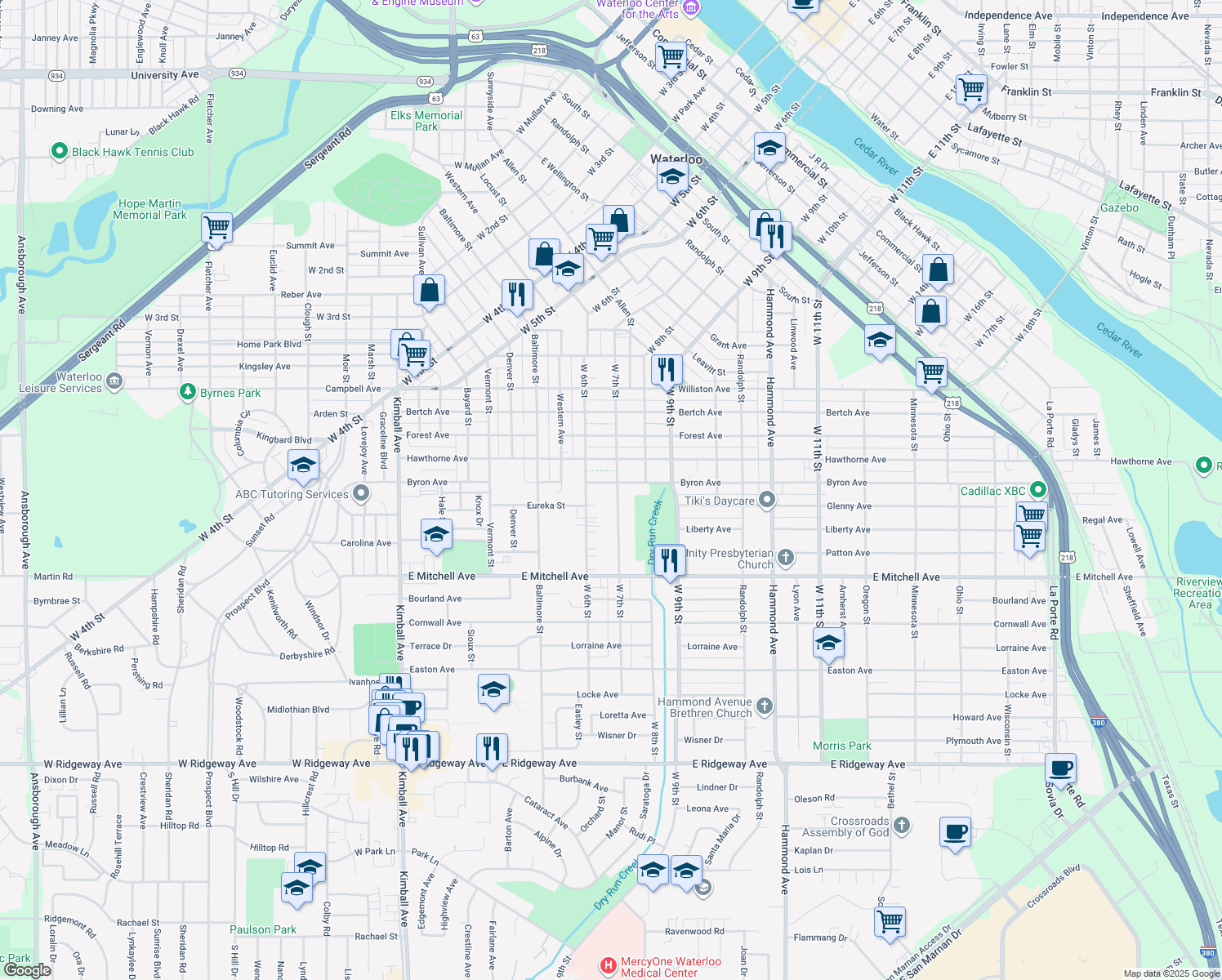 map of restaurants, bars, coffee shops, grocery stores, and more near 1706 West 7th Street in Waterloo
