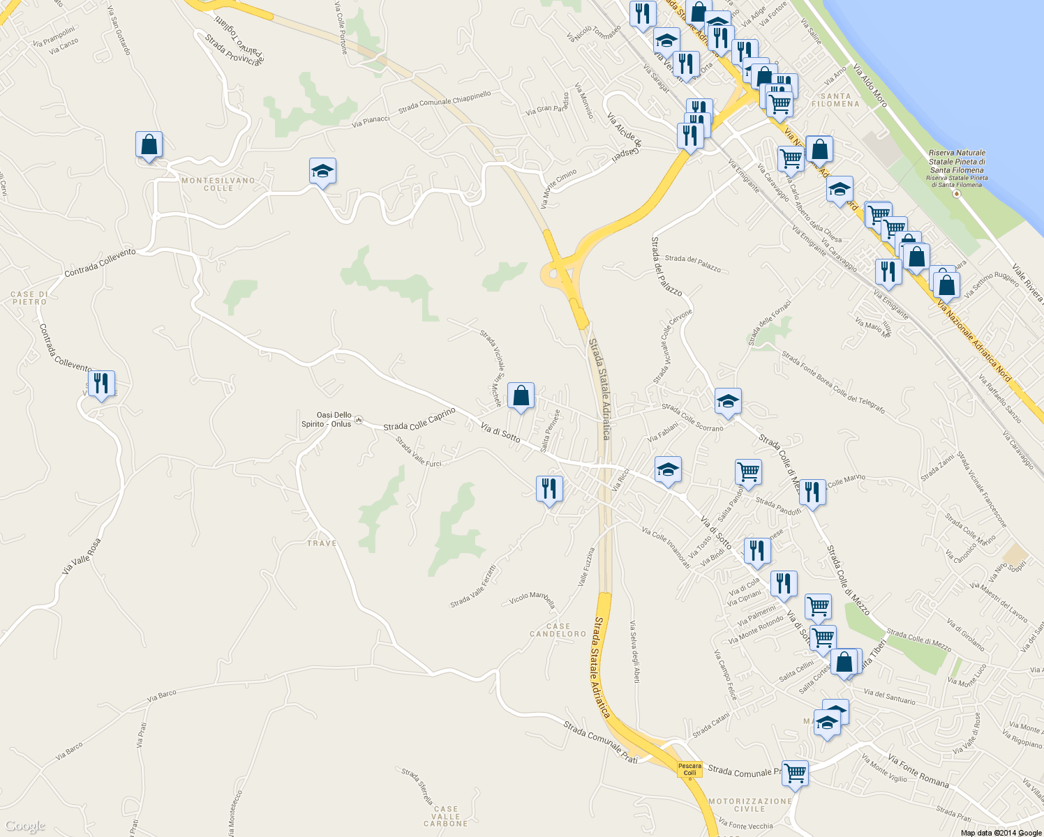 map of restaurants, bars, coffee shops, grocery stores, and more near Via Famiglia Carota in Pescara