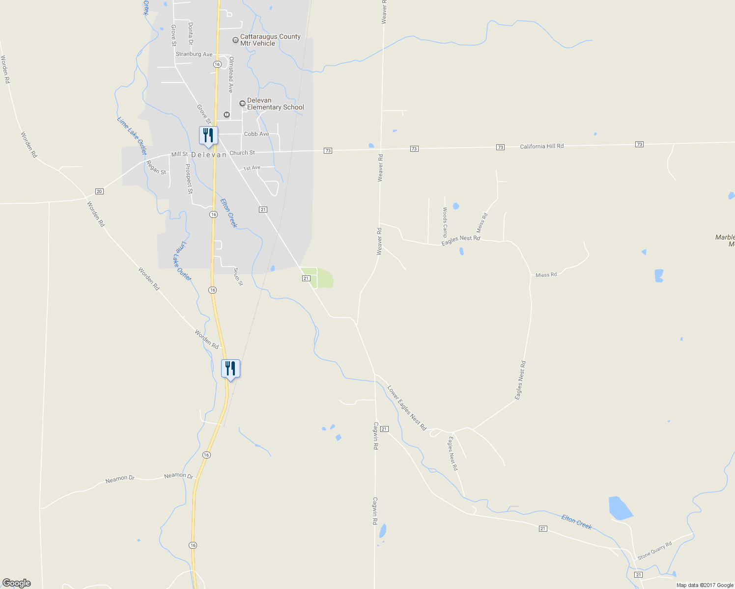 map of restaurants, bars, coffee shops, grocery stores, and more near 11048 Weaver Road in Delevan