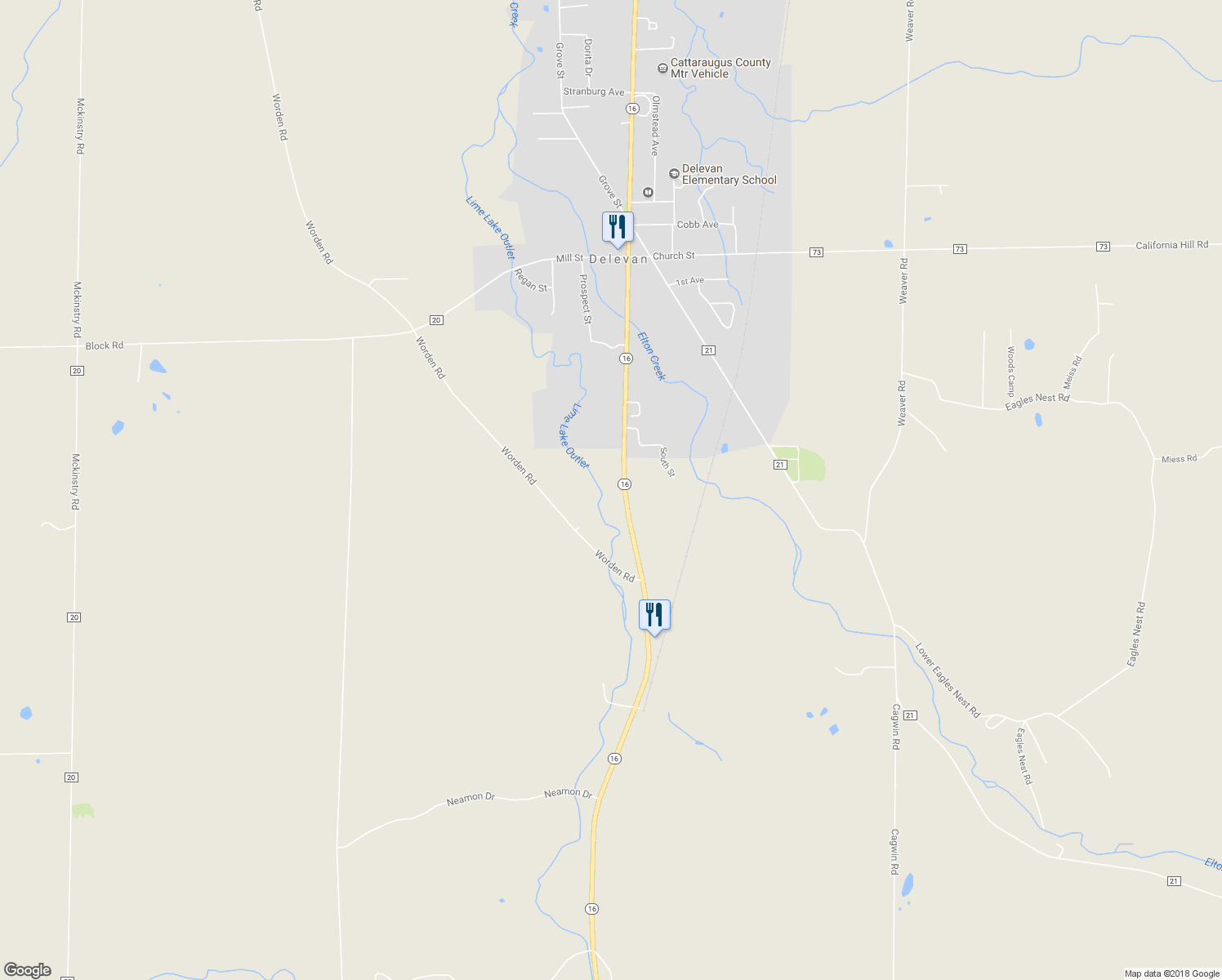 map of restaurants, bars, coffee shops, grocery stores, and more near 11039 New York 16 in Delevan
