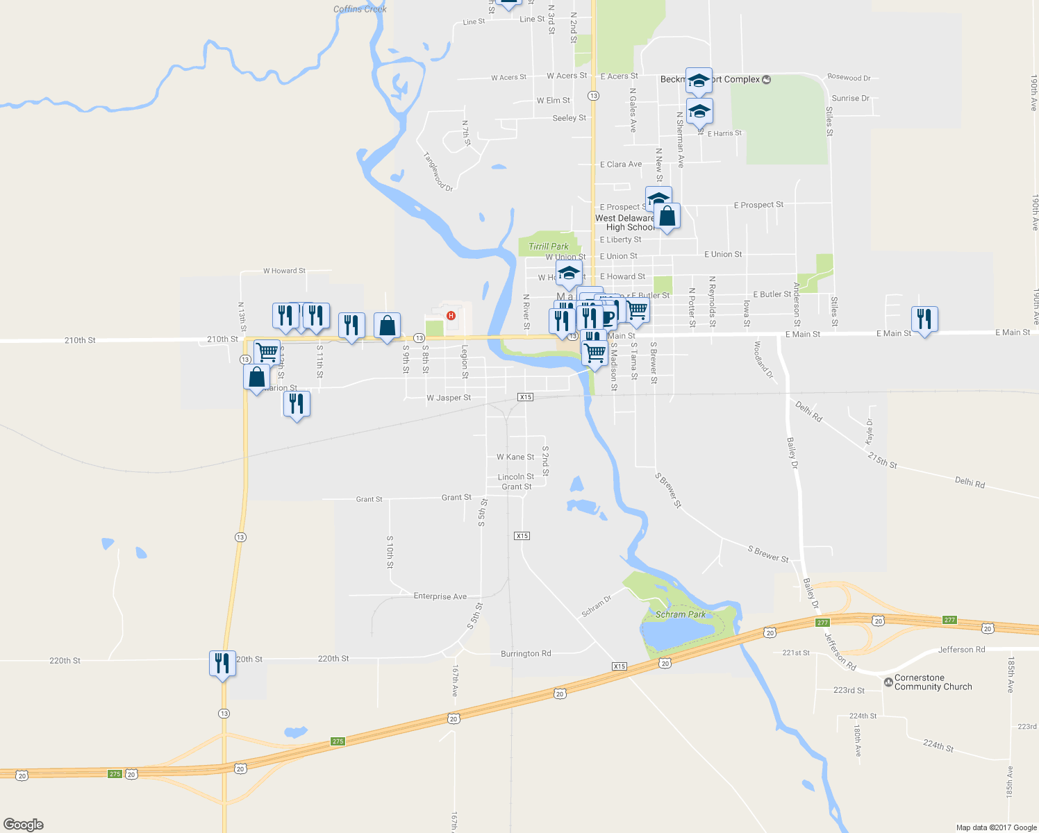 map of restaurants, bars, coffee shops, grocery stores, and more near 425 West Warren Street in Manchester