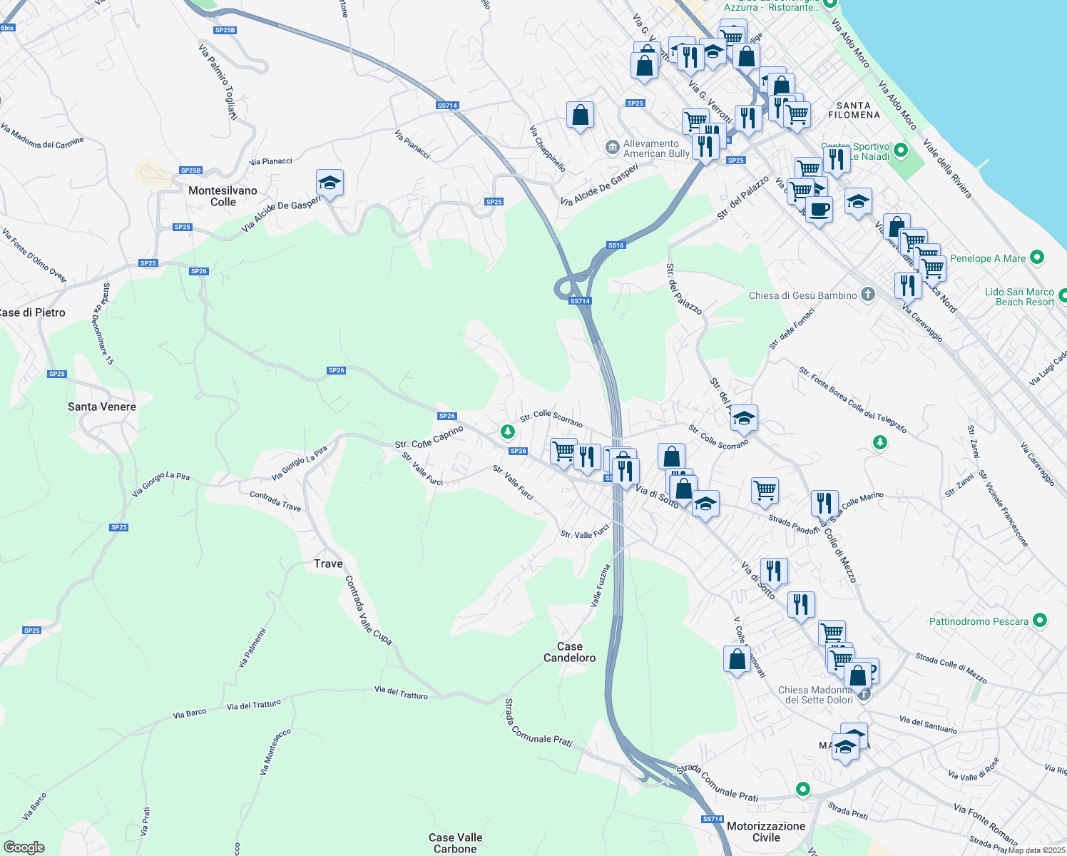 map of restaurants, bars, coffee shops, grocery stores, and more near Via Famiglia Carota in Pescara