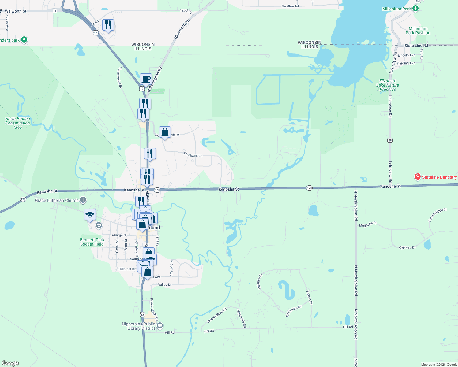 map of restaurants, bars, coffee shops, grocery stores, and more near 5016 Illinois 173 in Richmond