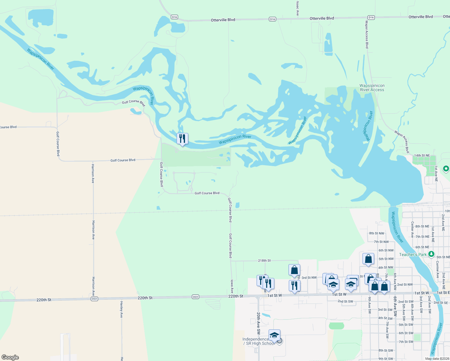 map of restaurants, bars, coffee shops, grocery stores, and more near 1795 Golf Course Boulevard in Independence