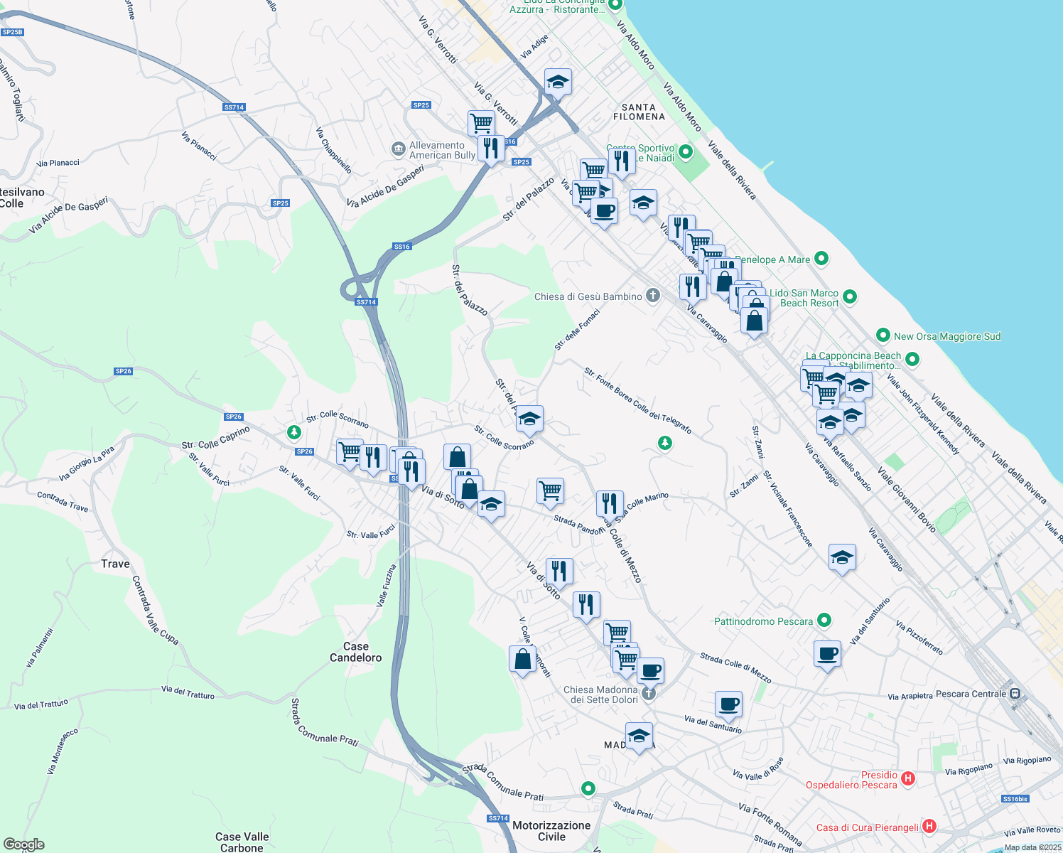 map of restaurants, bars, coffee shops, grocery stores, and more near 101 Strada del Palazzo in Pescara