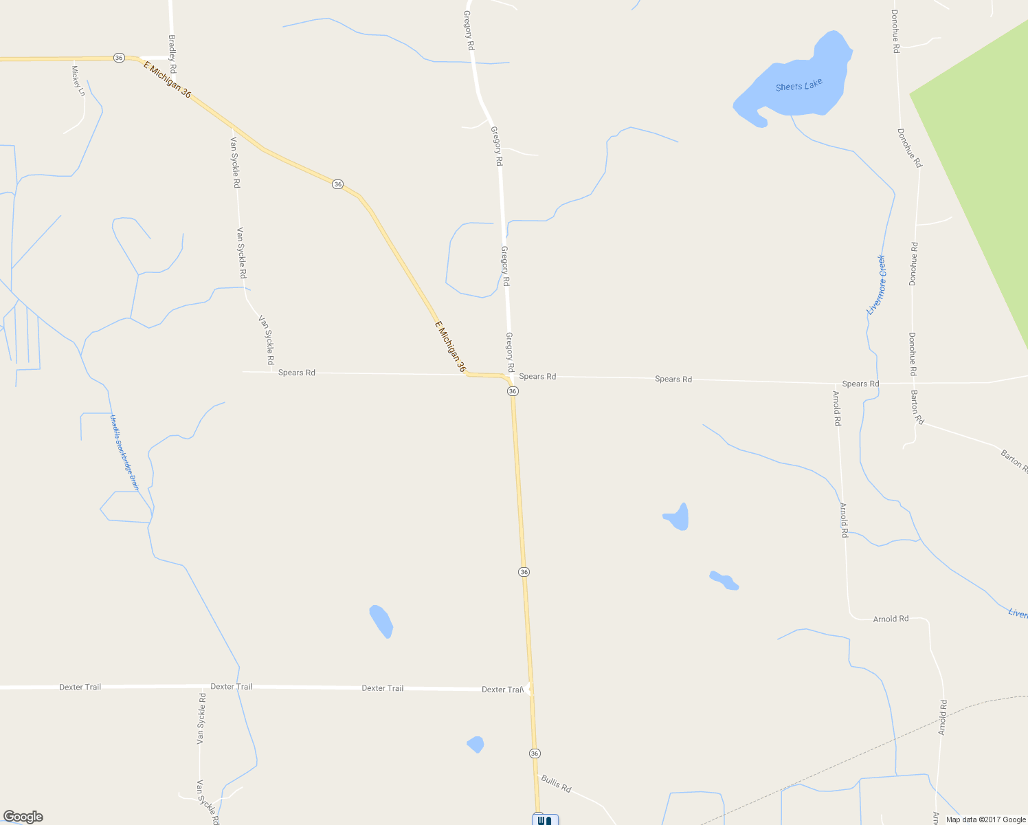 map of restaurants, bars, coffee shops, grocery stores, and more near 16985 West Michigan 36 in Gregory