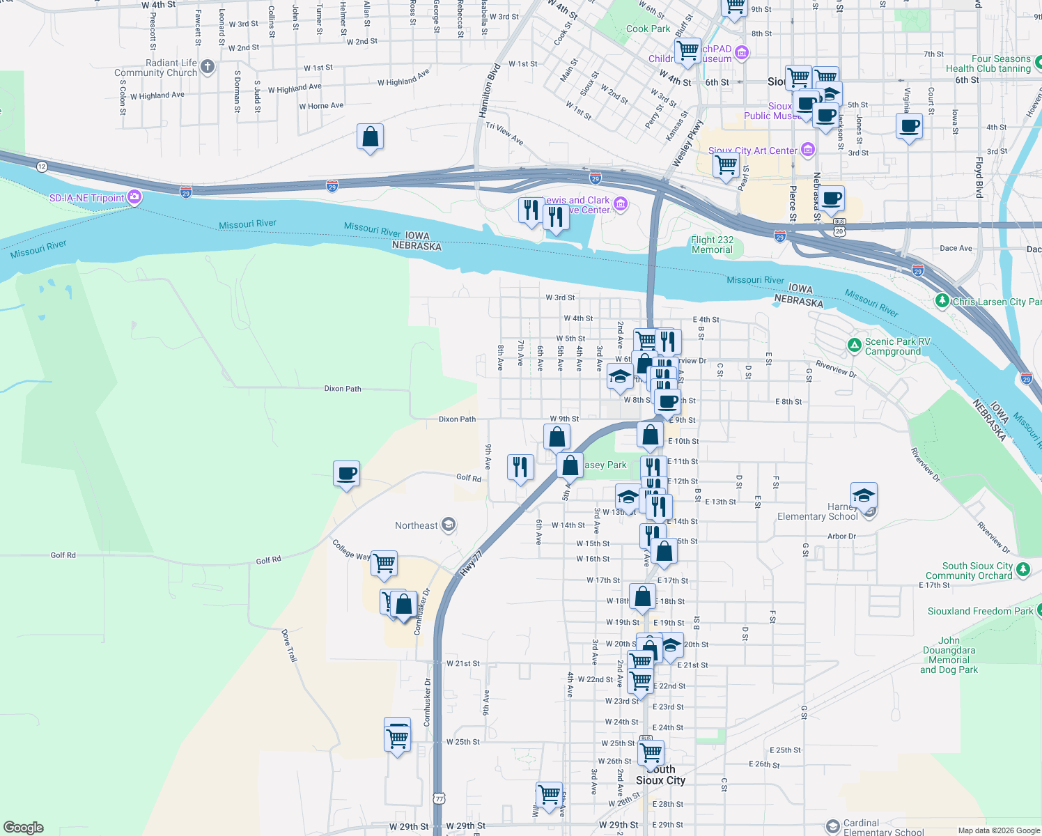 map of restaurants, bars, coffee shops, grocery stores, and more near 898 7th Avenue in South Sioux City