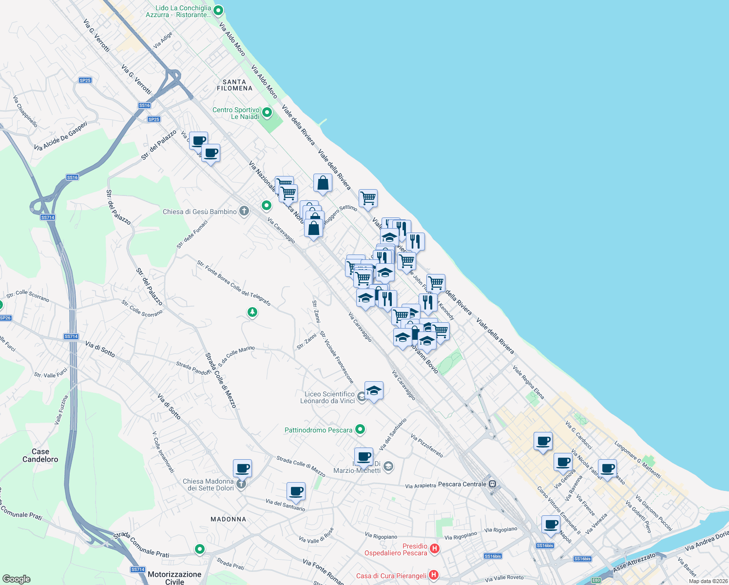 map of restaurants, bars, coffee shops, grocery stores, and more near 483 Viale Giovanni Bovio in Pescara