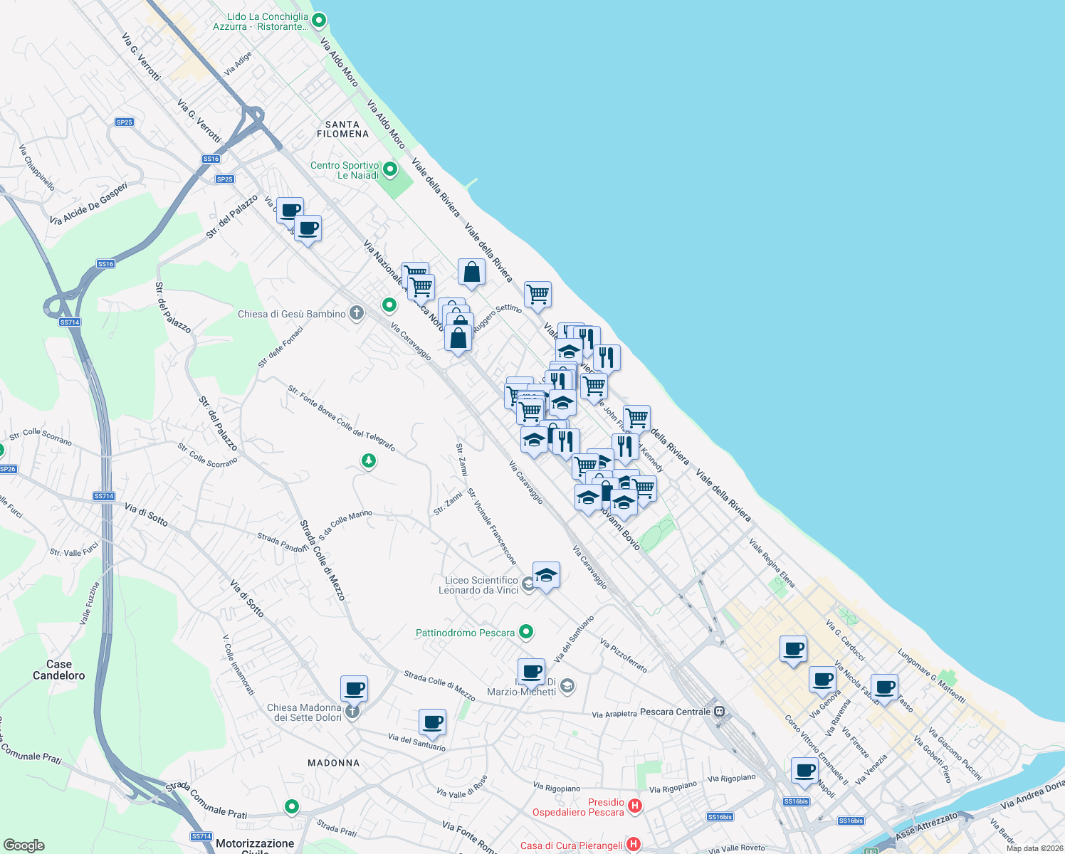 map of restaurants, bars, coffee shops, grocery stores, and more near 483 Viale Giovanni Bovio in Pescara