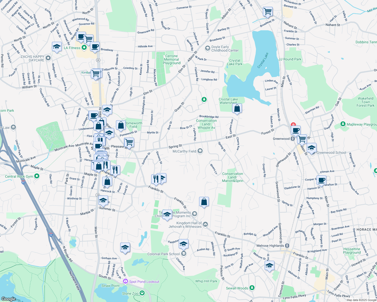 map of restaurants, bars, coffee shops, grocery stores, and more near 5 Landers Road in Stoneham