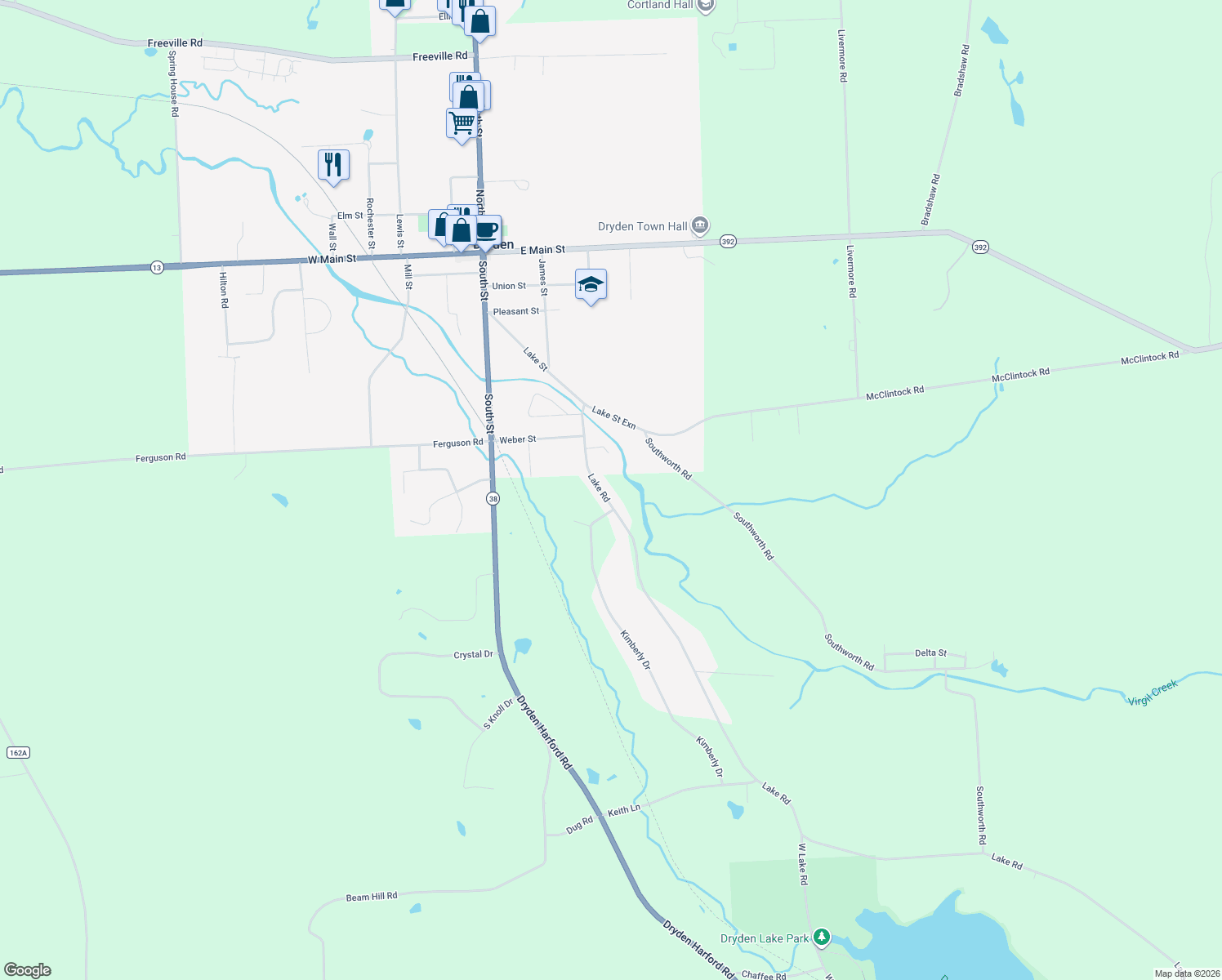map of restaurants, bars, coffee shops, grocery stores, and more near 47 Lake Rd in Dryden