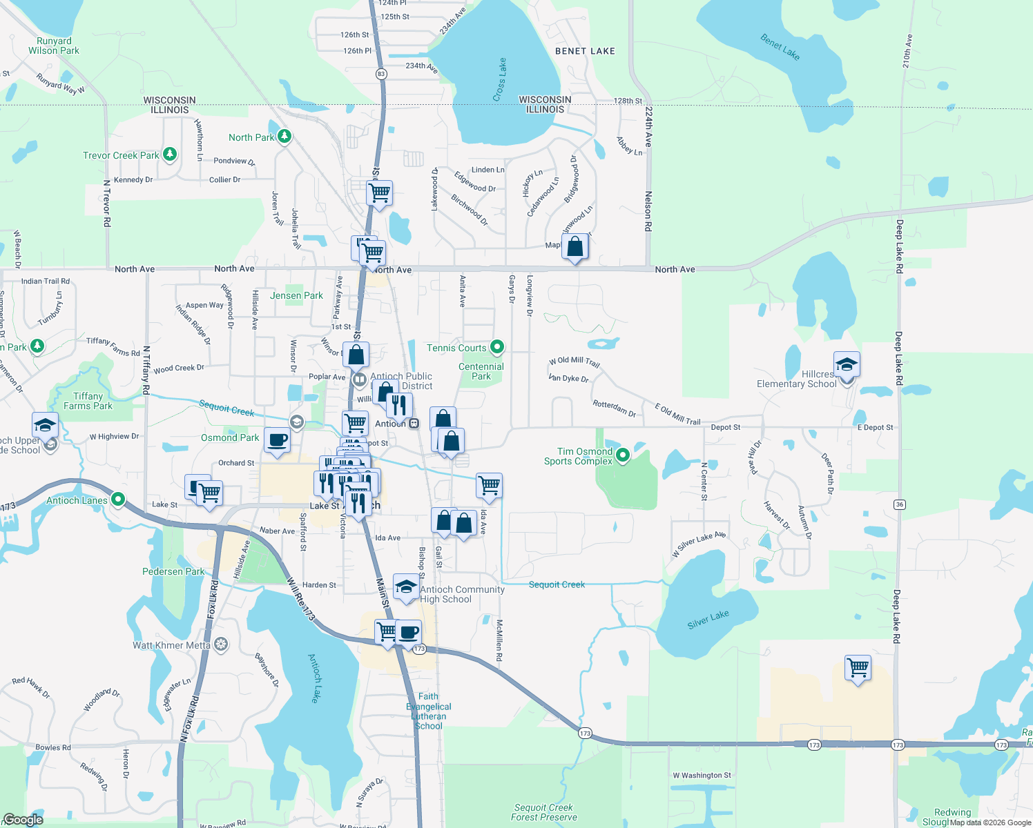 map of restaurants, bars, coffee shops, grocery stores, and more near 673 Garys Drive in Antioch