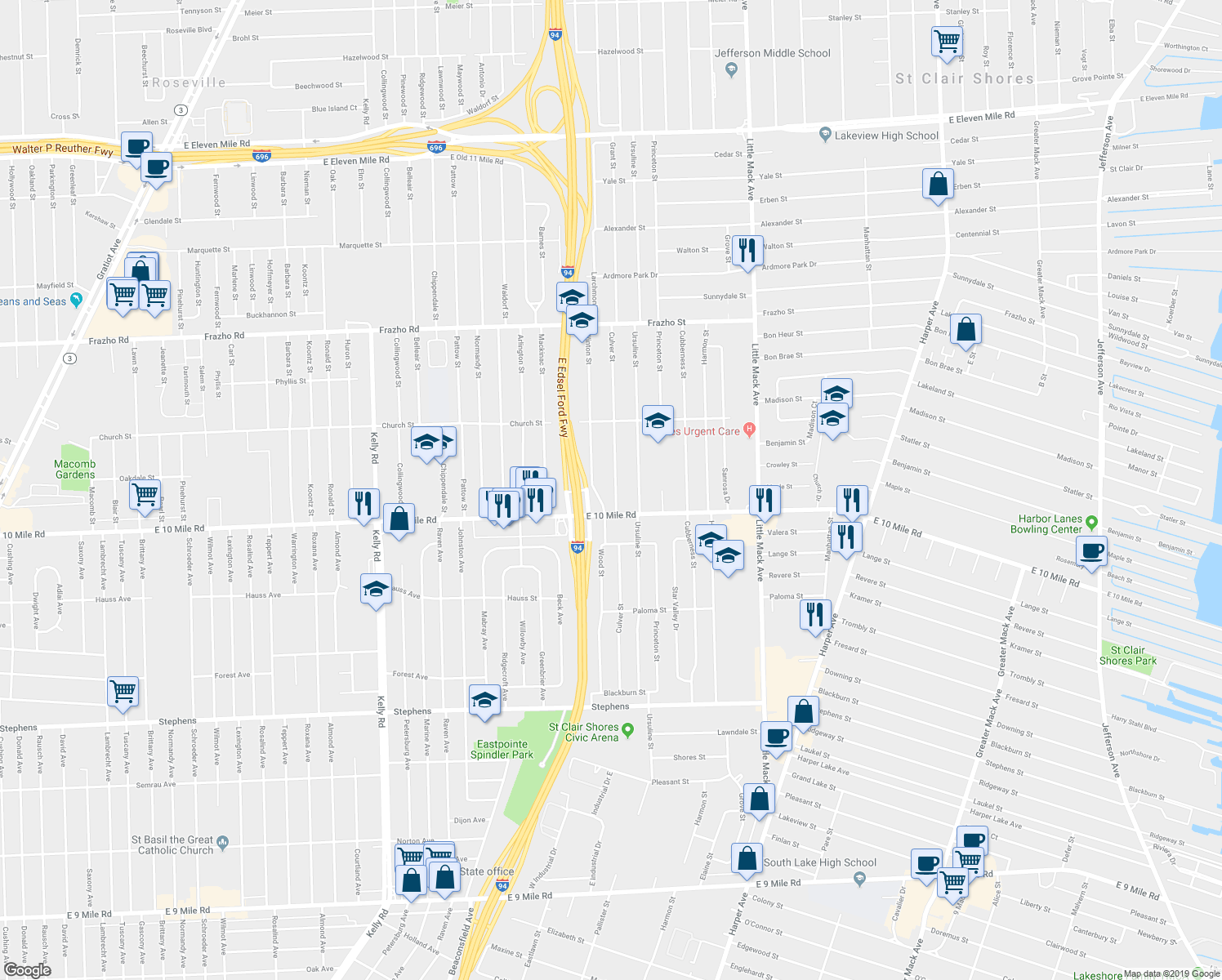 map of restaurants, bars, coffee shops, grocery stores, and more near 25301 Culver Street in Saint Clair Shores