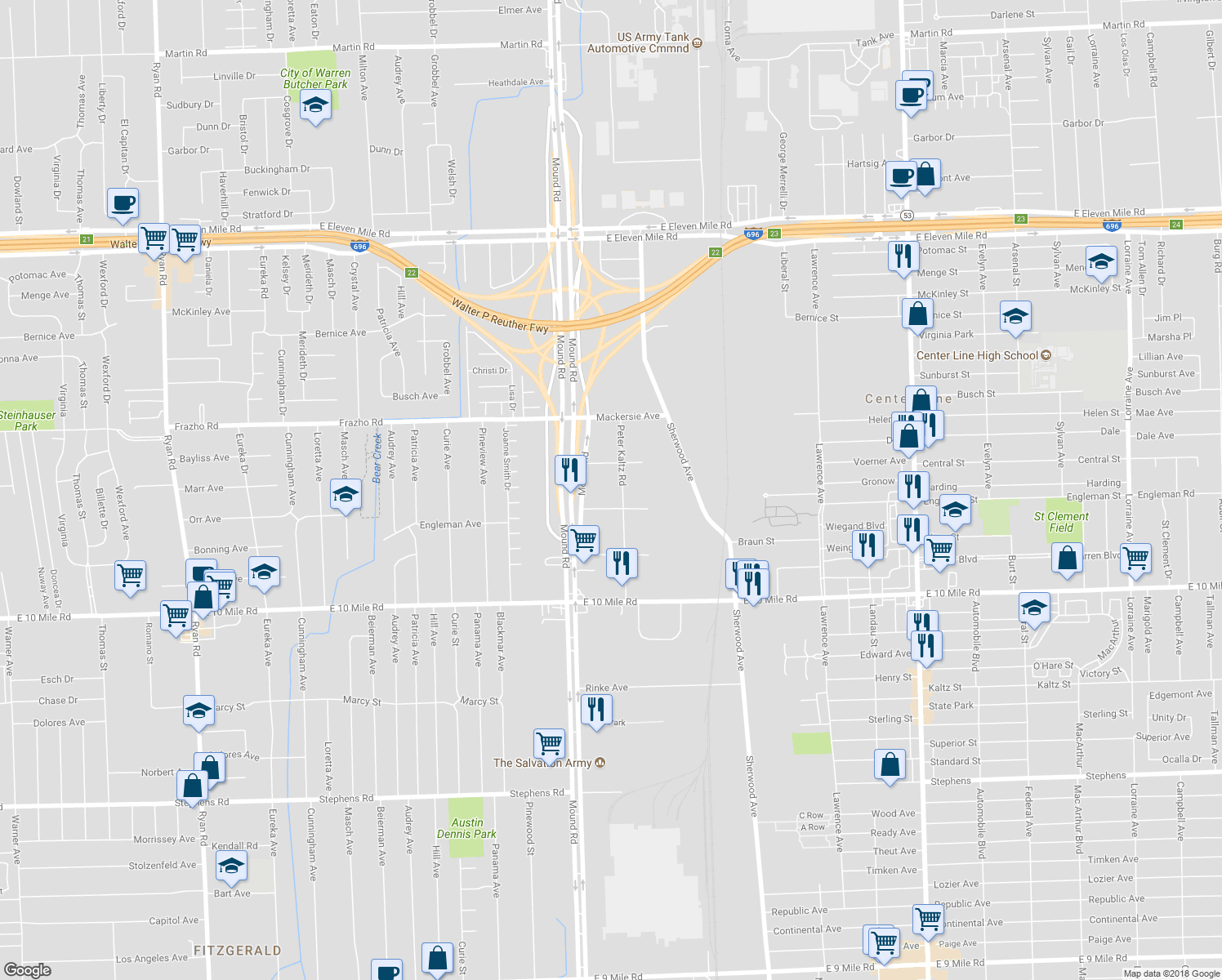 map of restaurants, bars, coffee shops, grocery stores, and more near 25571 Peter Kaltz Road in Warren