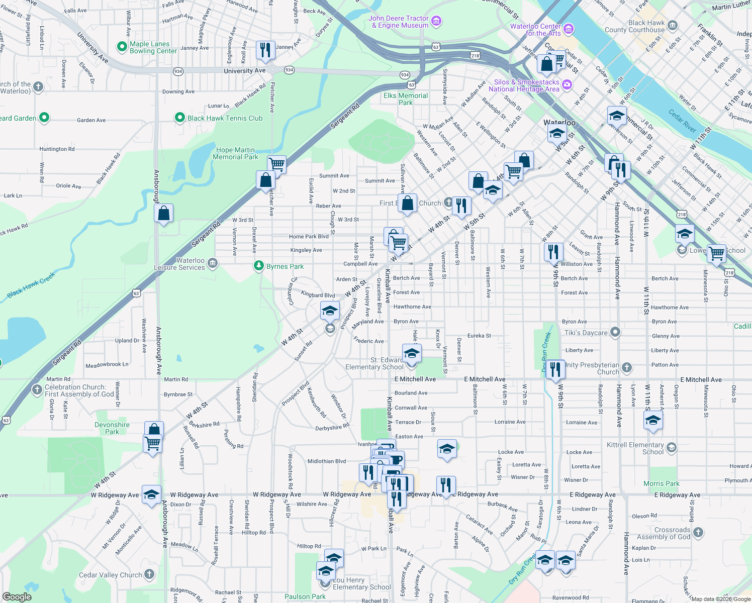 map of restaurants, bars, coffee shops, grocery stores, and more near 166 Graceline Boulevard in Waterloo
