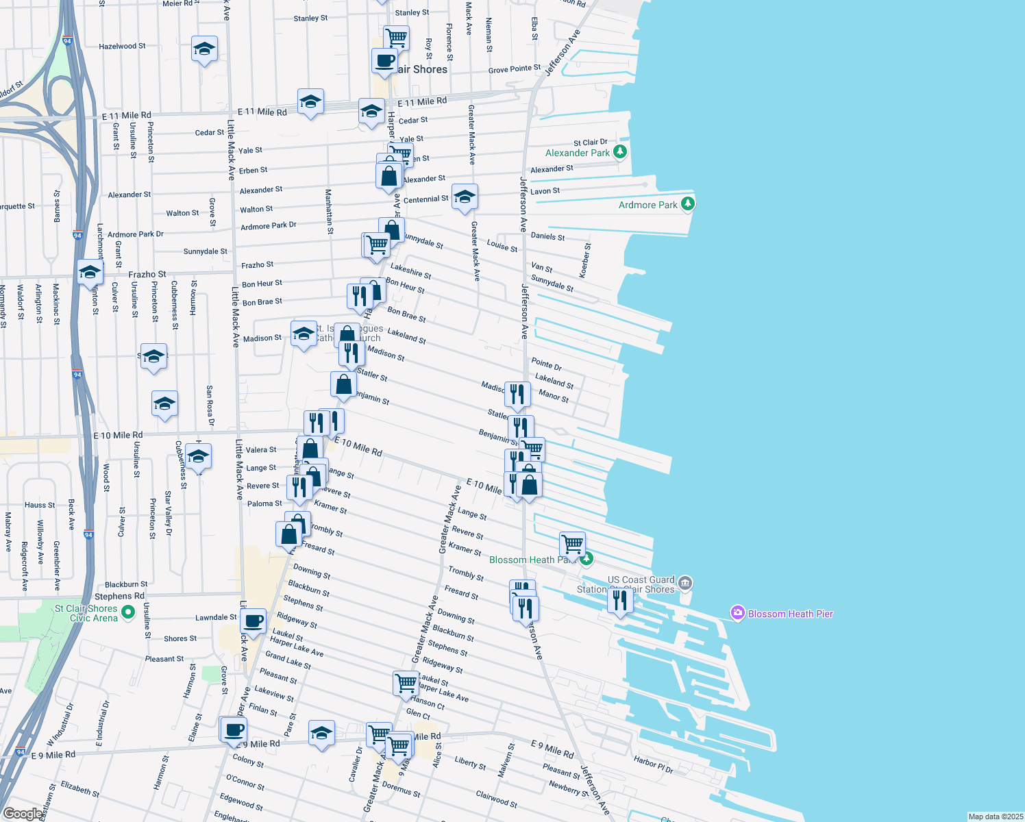 map of restaurants, bars, coffee shops, grocery stores, and more near 22325 Statler Street in Saint Clair Shores