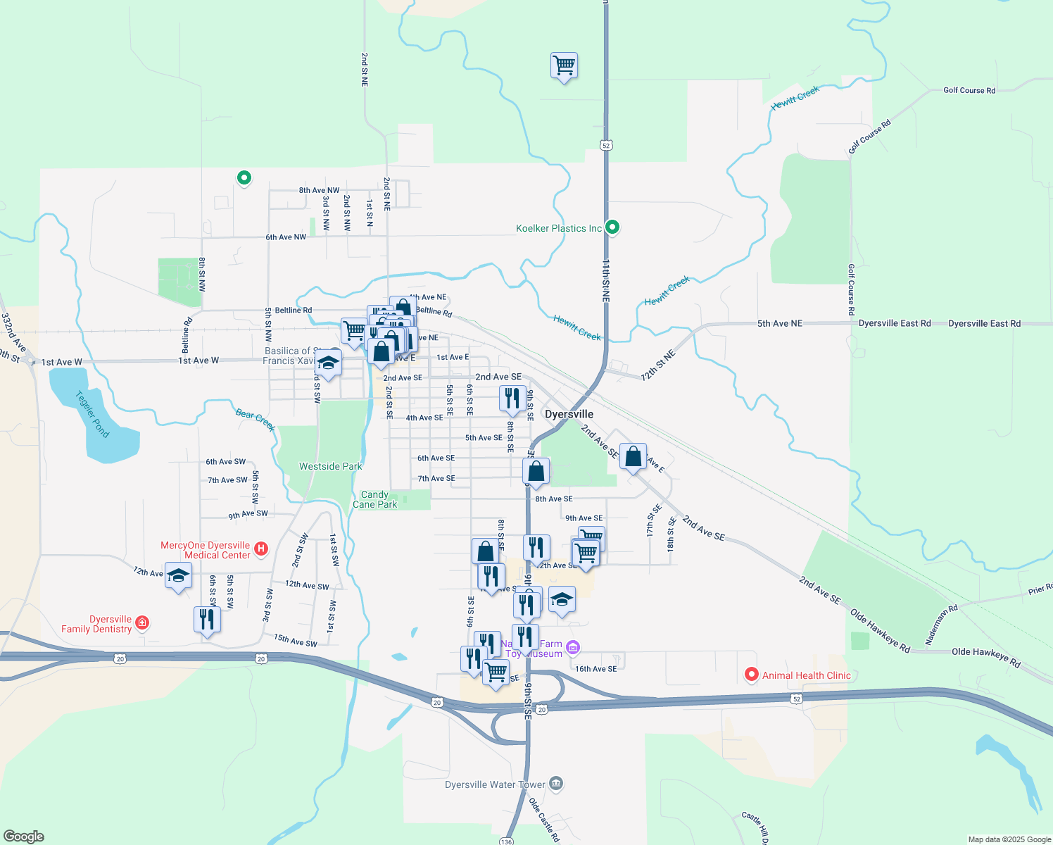 map of restaurants, bars, coffee shops, grocery stores, and more near 825 4th Ave SE in Dyersville