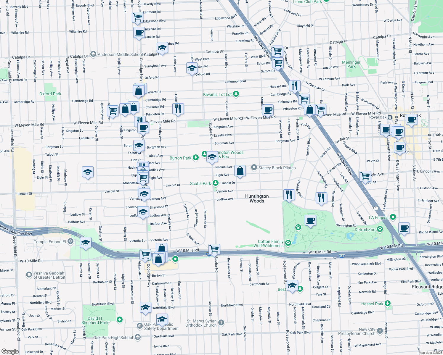 map of restaurants, bars, coffee shops, grocery stores, and more near 10795 Elgin Avenue in Huntington Woods