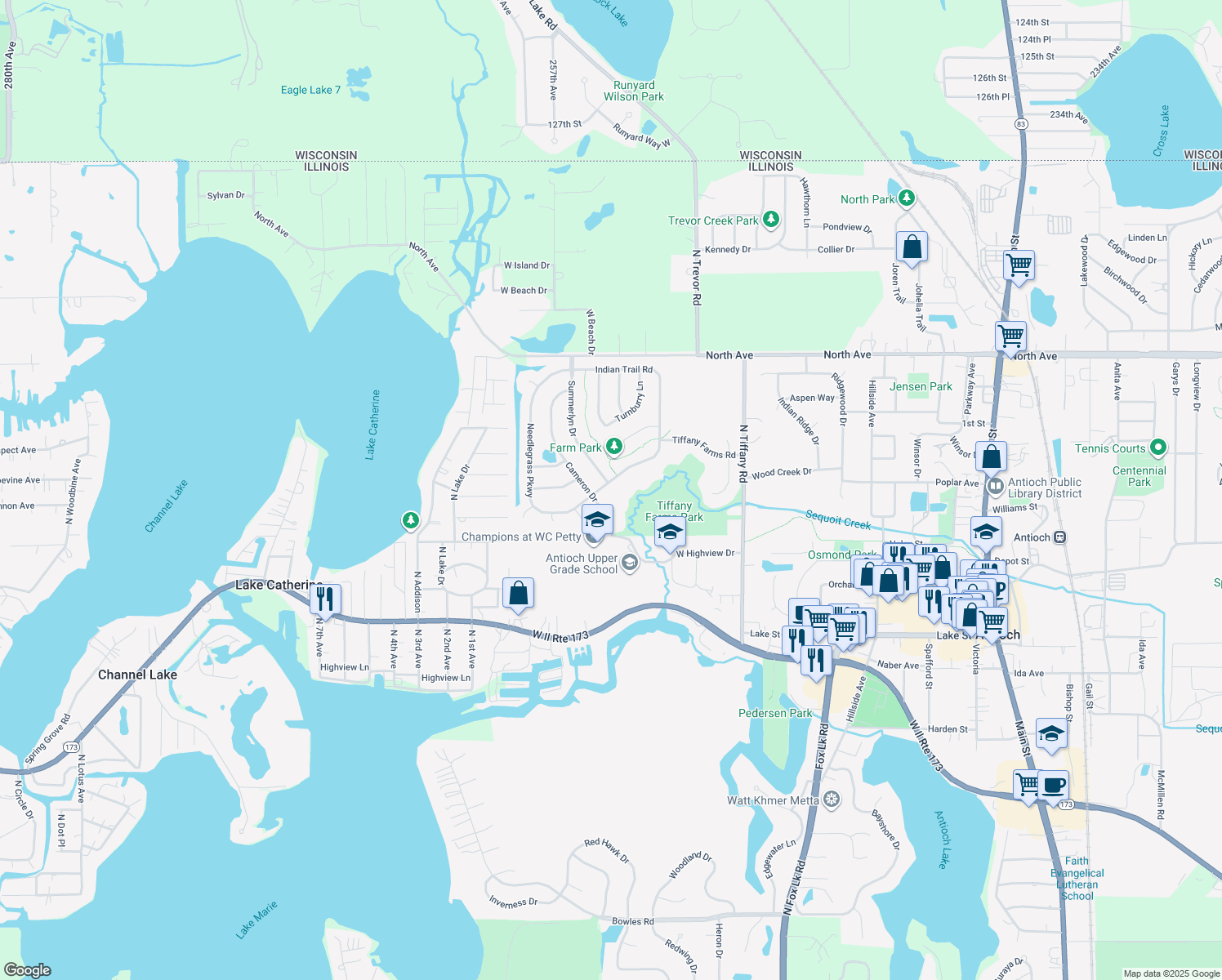 map of restaurants, bars, coffee shops, grocery stores, and more near 918 Tiffany Farms Road in Antioch