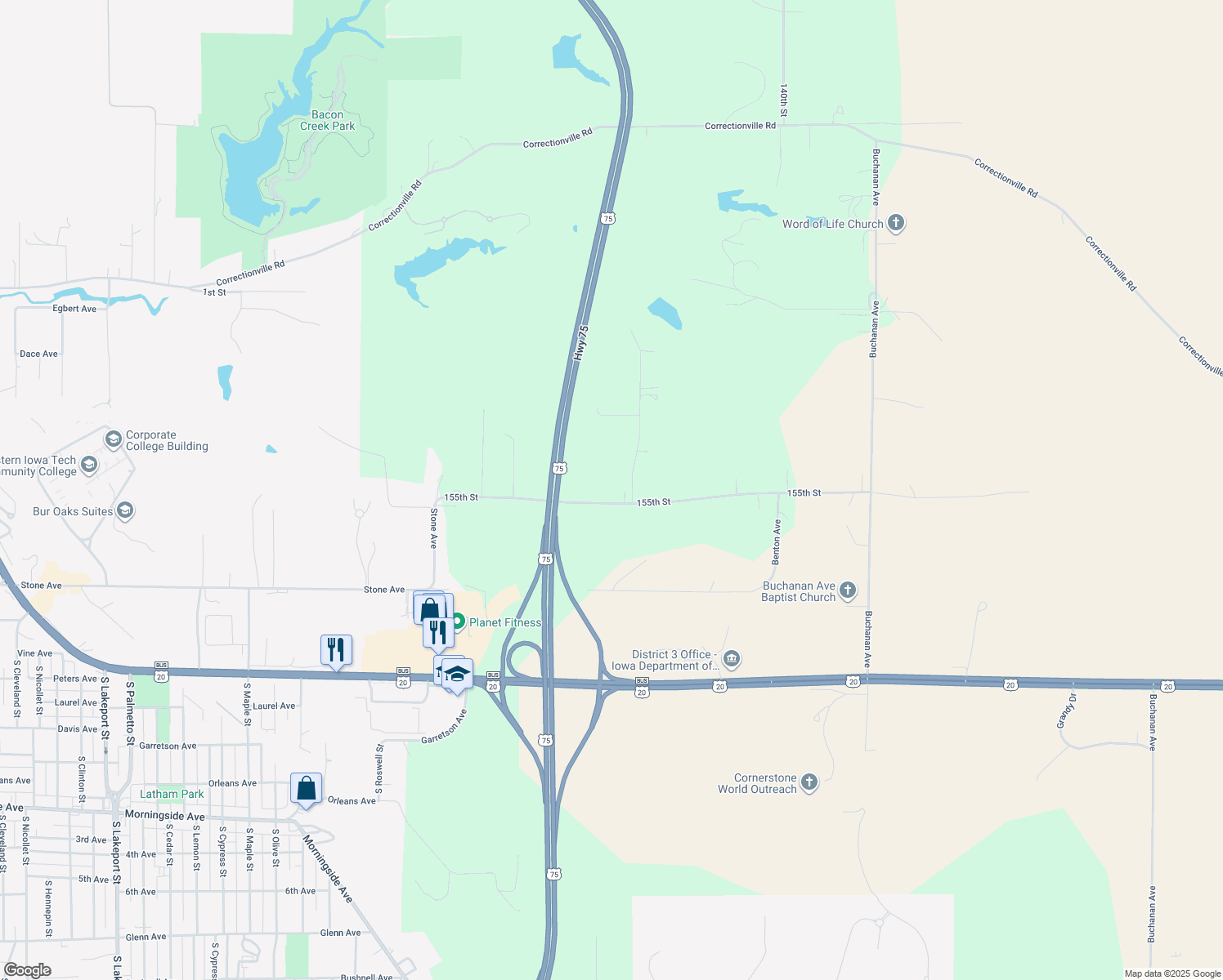 map of restaurants, bars, coffee shops, grocery stores, and more near 1453 155th Street in Sioux City