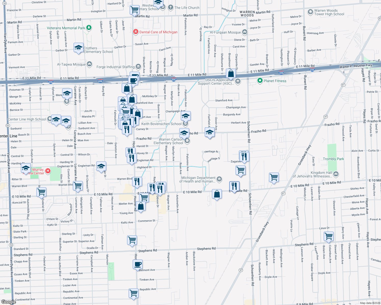 map of restaurants, bars, coffee shops, grocery stores, and more near 25630 Palomino Avenue in Warren