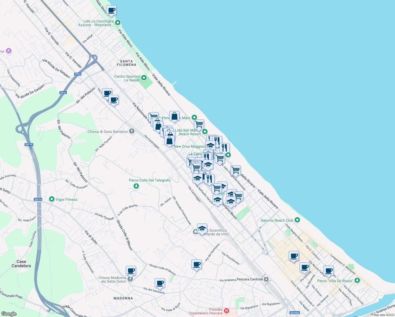 map of restaurants, bars, coffee shops, grocery stores, and more near 59 Via Luigi Cadorna in Pescara