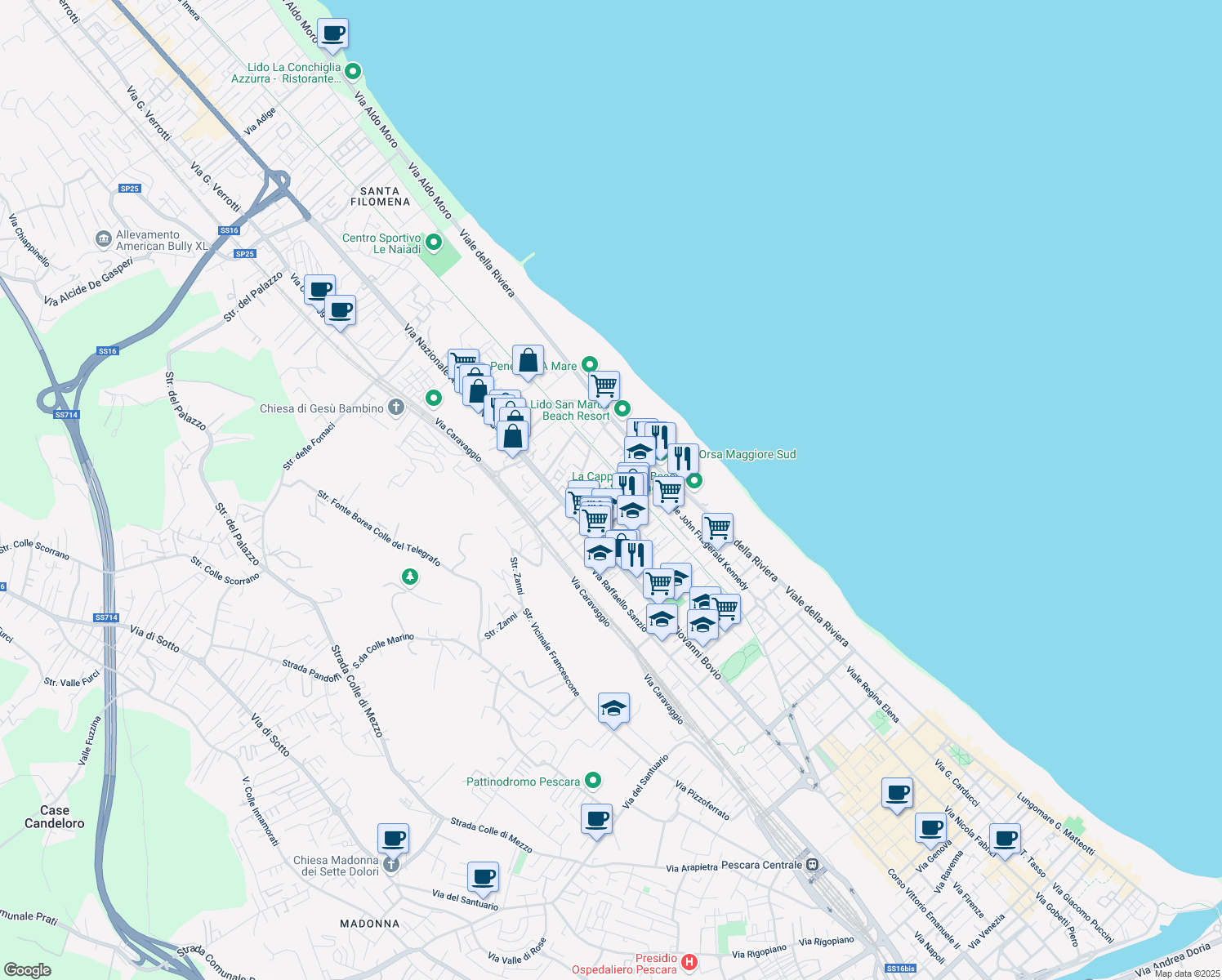 map of restaurants, bars, coffee shops, grocery stores, and more near 59 Via Luigi Cadorna in Pescara
