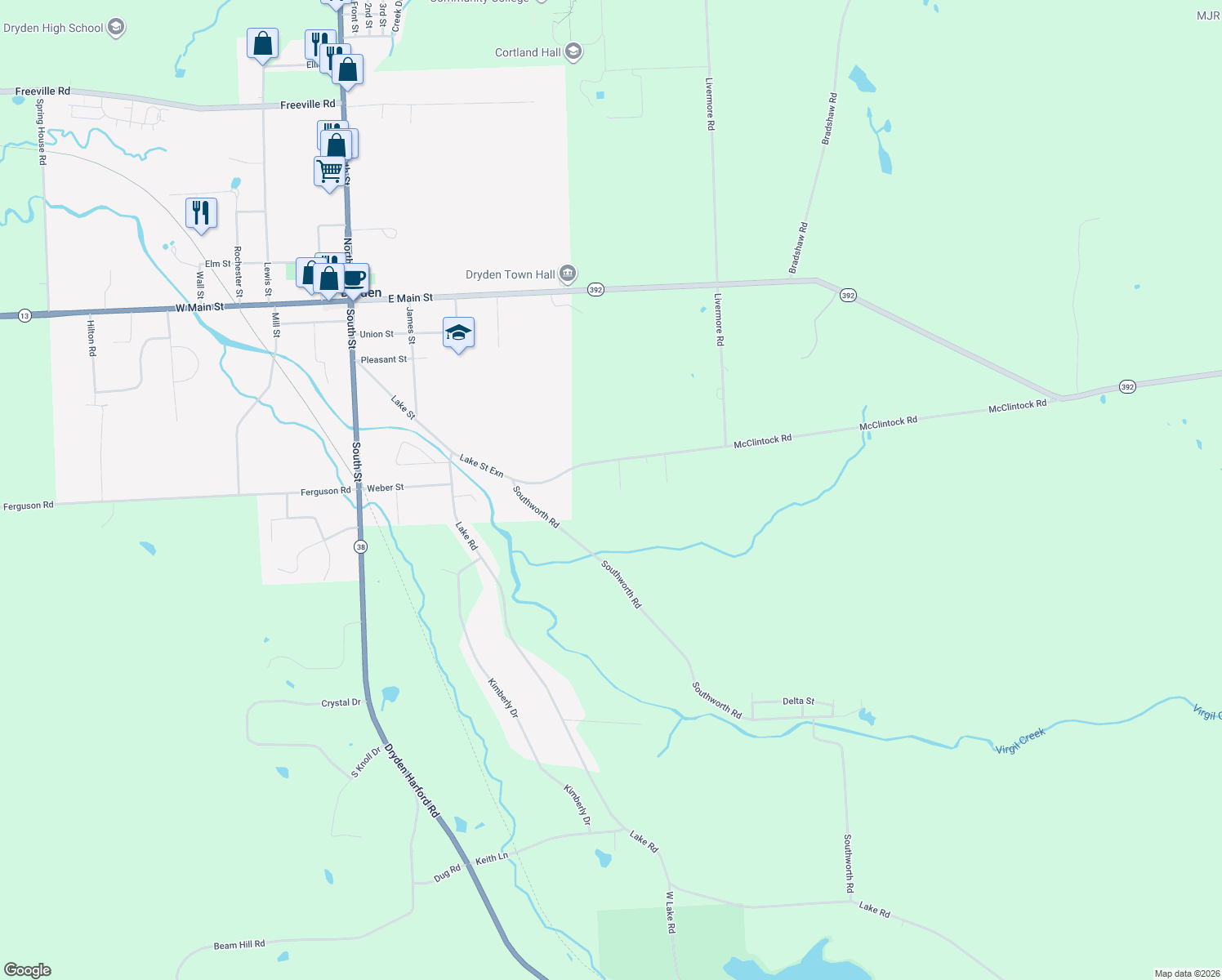 map of restaurants, bars, coffee shops, grocery stores, and more near 168 McClintock Road in Dryden