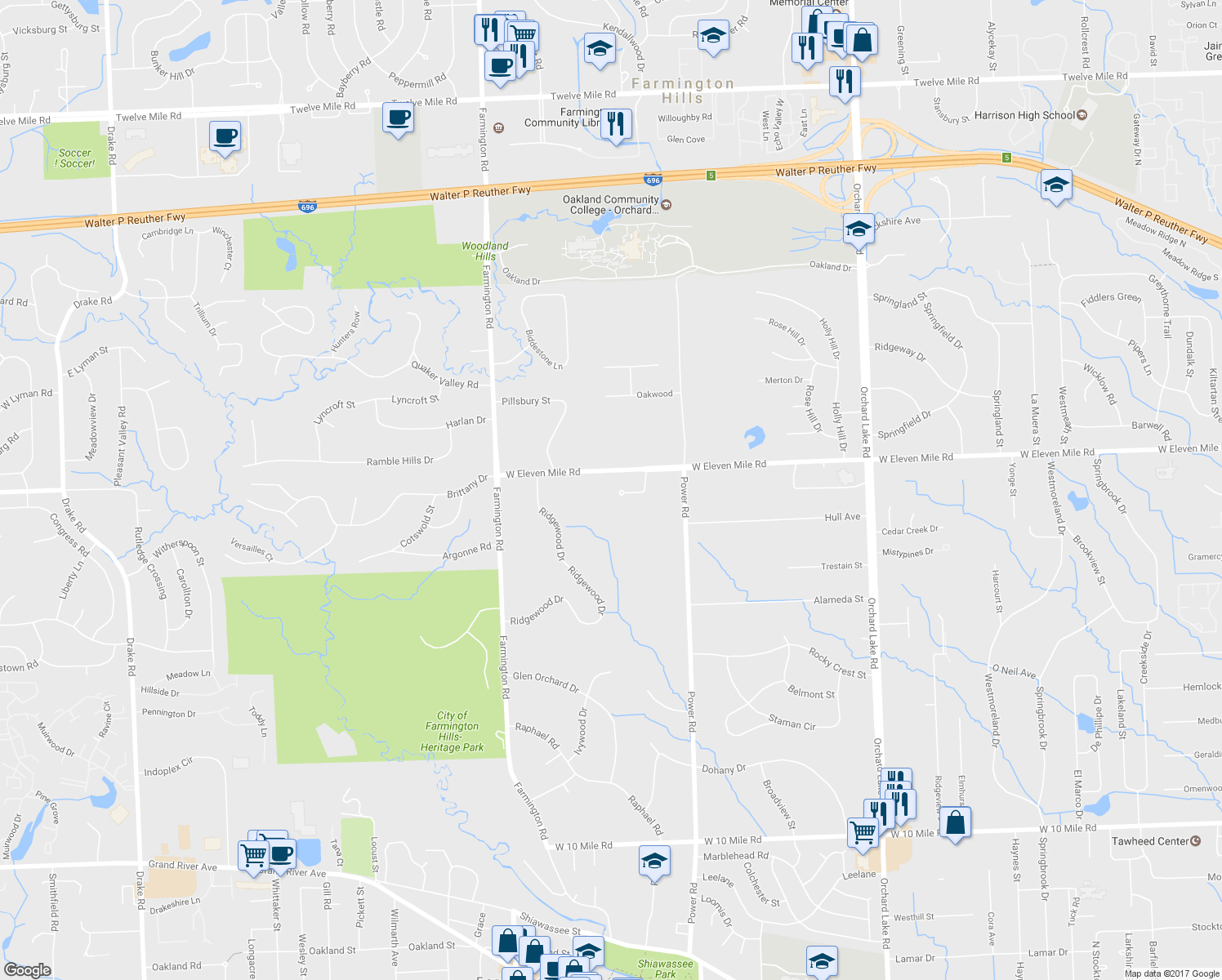 map of restaurants, bars, coffee shops, grocery stores, and more near 32587 West 11 Mile Road in Farmington Hills