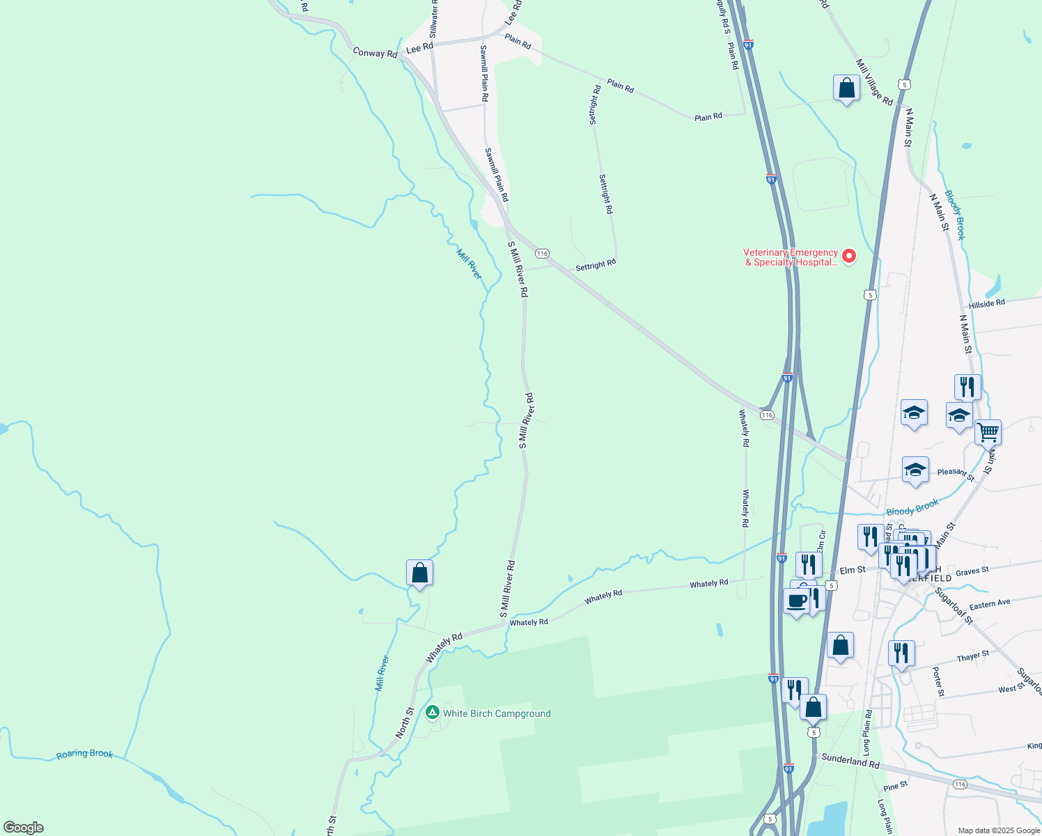map of restaurants, bars, coffee shops, grocery stores, and more near 70 South Mill River Road in Deerfield