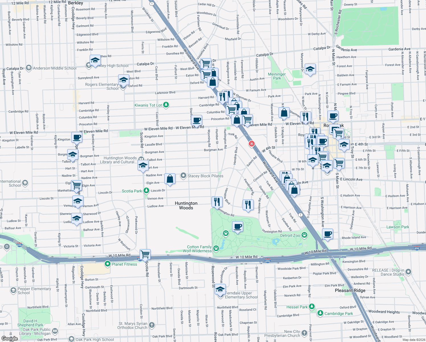 map of restaurants, bars, coffee shops, grocery stores, and more near 8940 Nadine Avenue in Huntington Woods