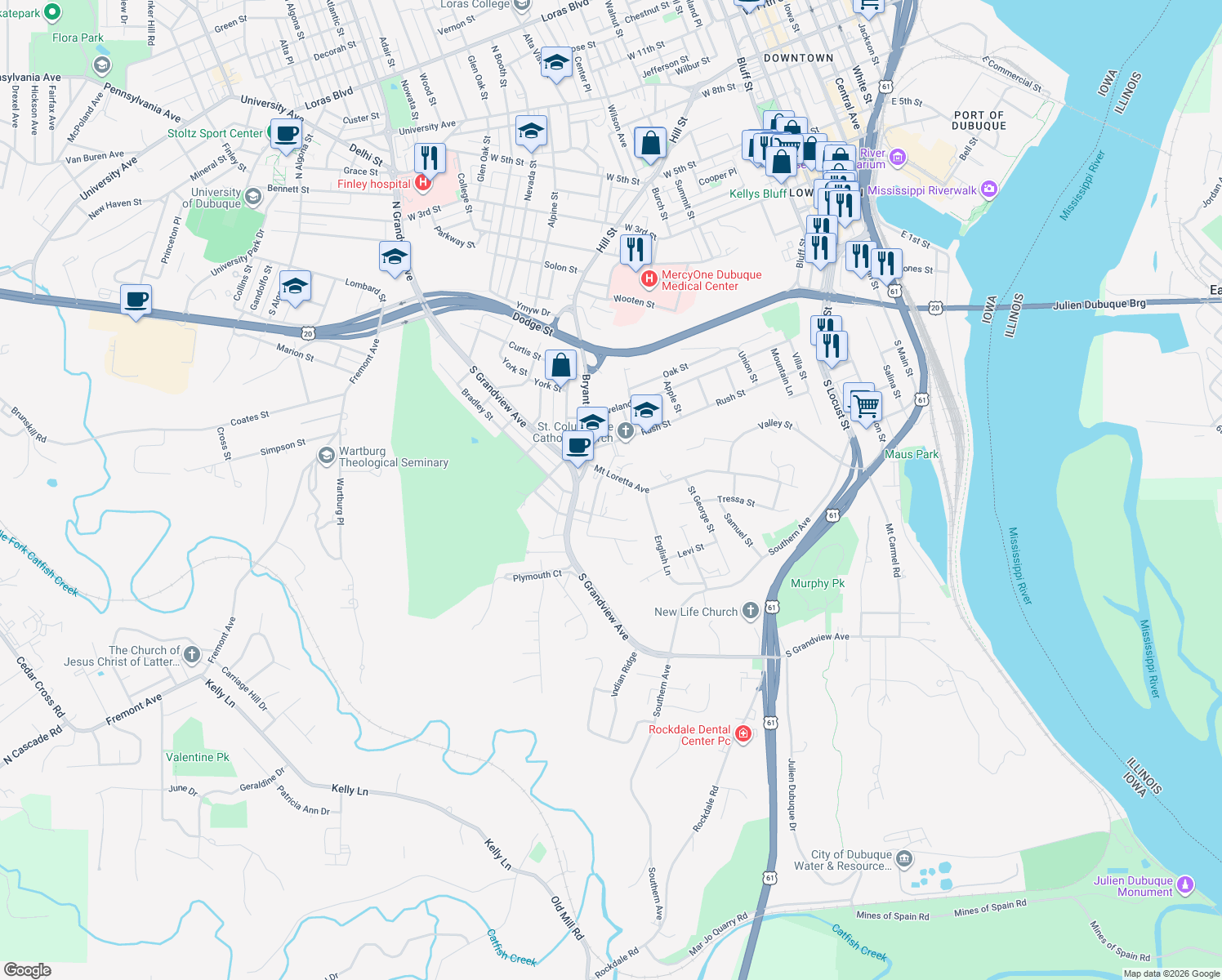 map of restaurants, bars, coffee shops, grocery stores, and more near 721 Loretto Court in Dubuque