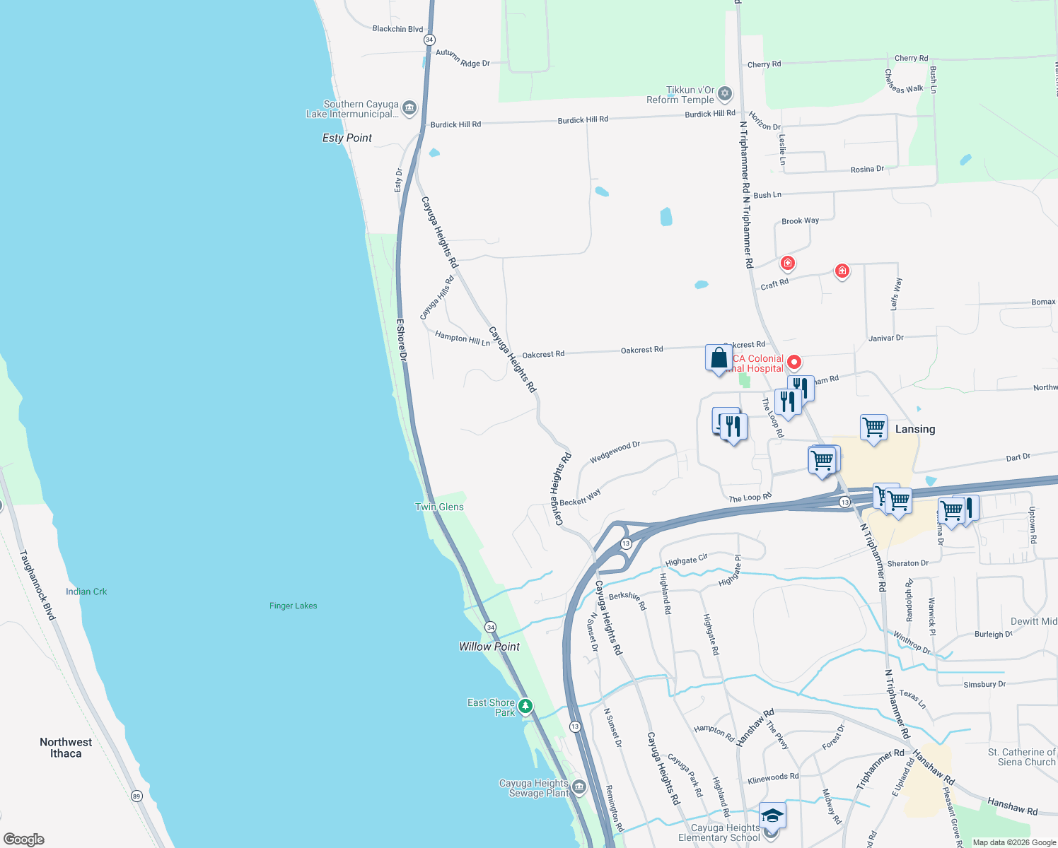 map of restaurants, bars, coffee shops, grocery stores, and more near 896 Cayuga Heights Rd in Ithaca