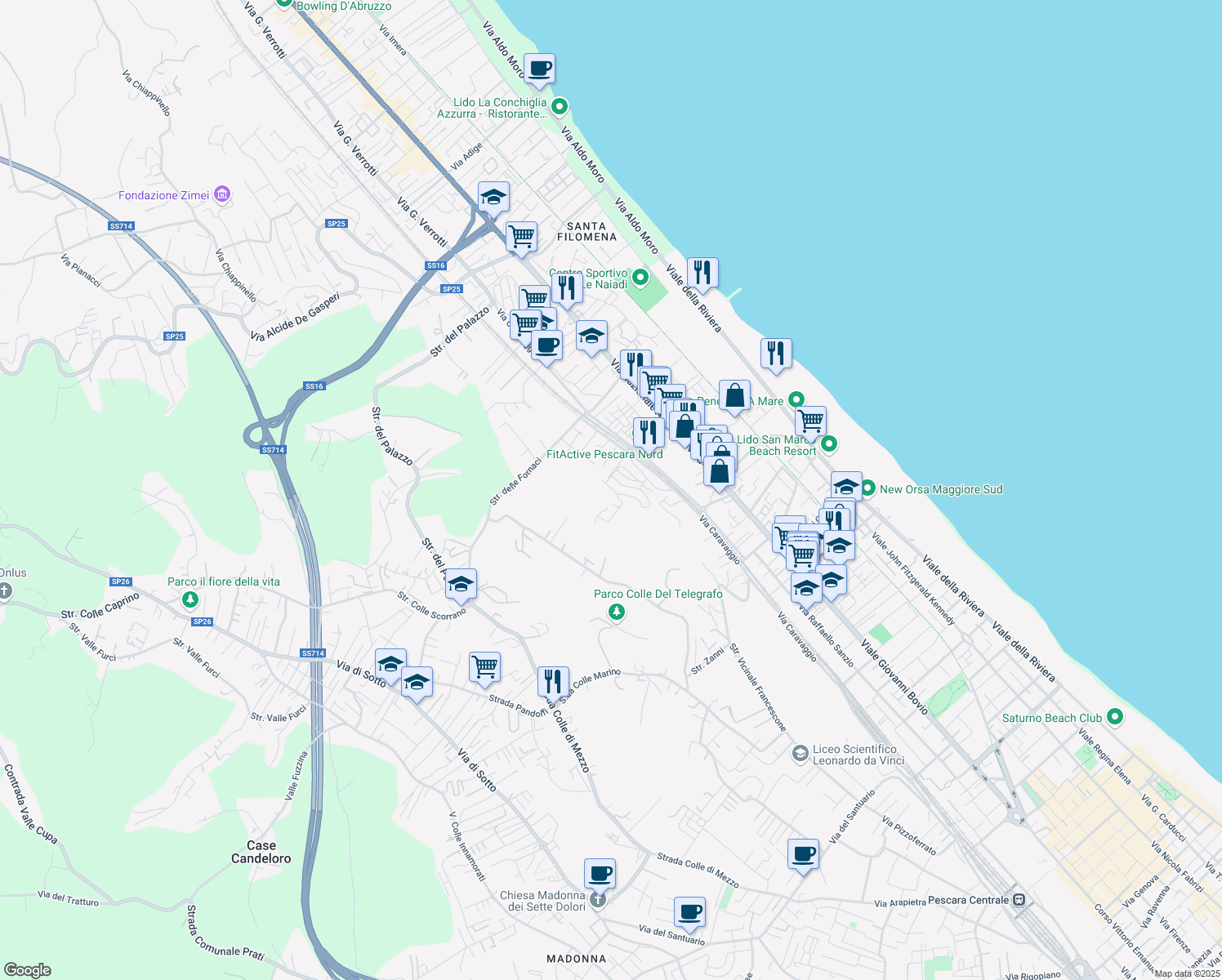 map of restaurants, bars, coffee shops, grocery stores, and more near 18 Via Mario Mantini in Pescara