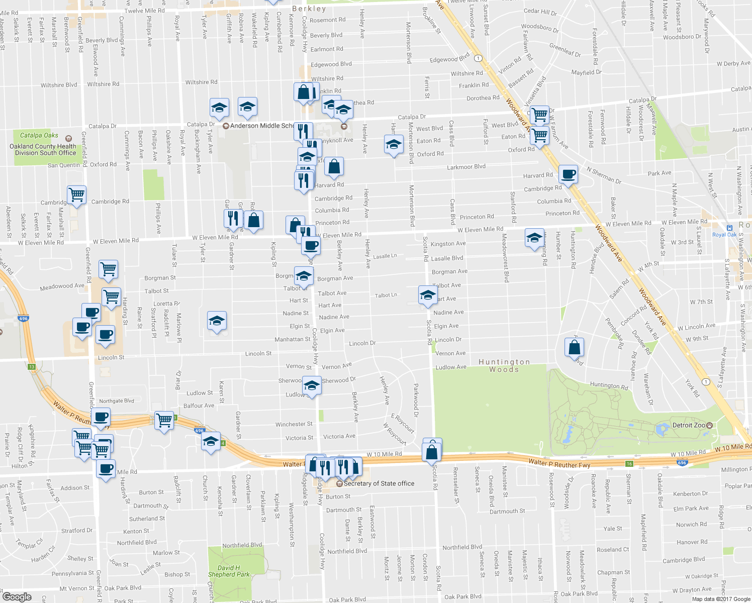 map of restaurants, bars, coffee shops, grocery stores, and more near 12959 Talbot Lane in Huntington Woods