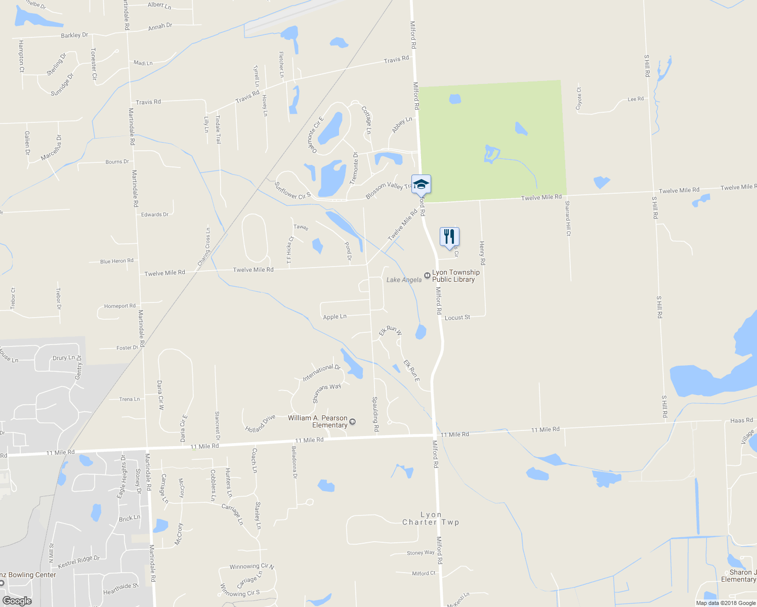 map of restaurants, bars, coffee shops, grocery stores, and more near 27100 Sandy Hill Lane in Lyon Charter Township