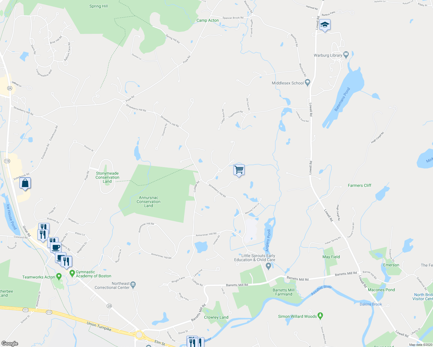 map of restaurants, bars, coffee shops, grocery stores, and more near 80 Crowell Farm Road in Concord