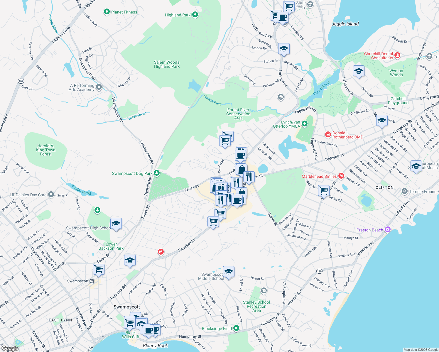 map of restaurants, bars, coffee shops, grocery stores, and more near 63 Loring Avenue in Salem